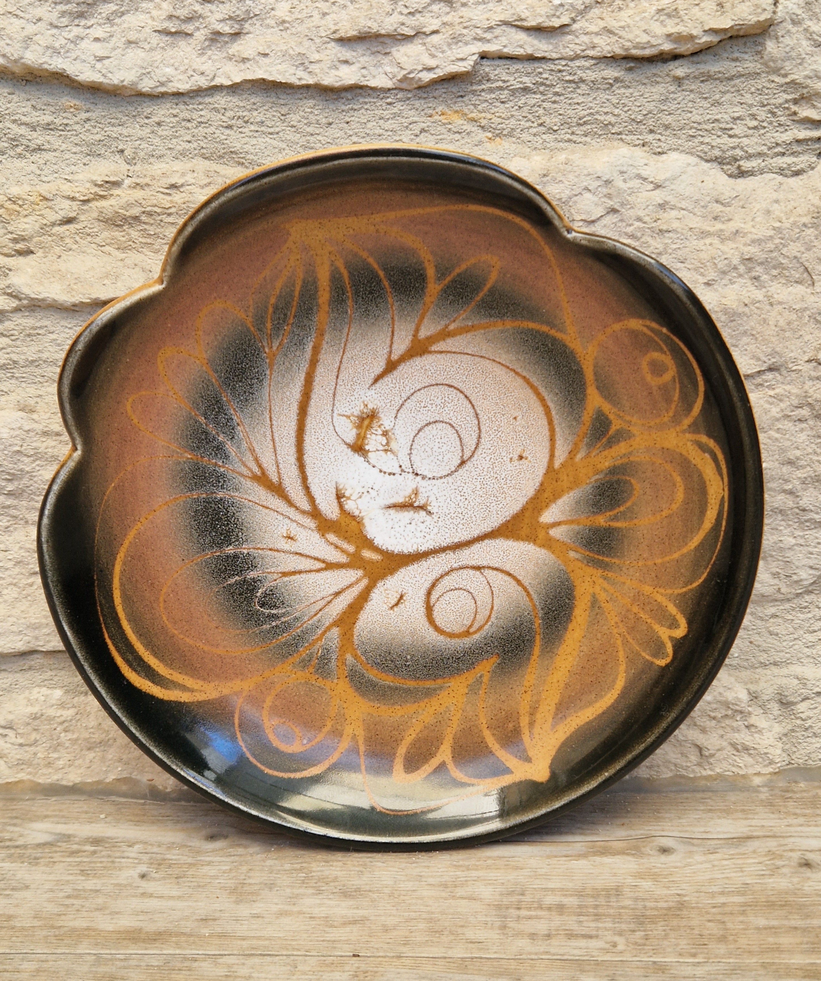 Poole Pottery Aegean "Sweetheart" Fluted Bowl Hand-Painted Stylized Butterfly Motif by Janet Brown Signed 1970s