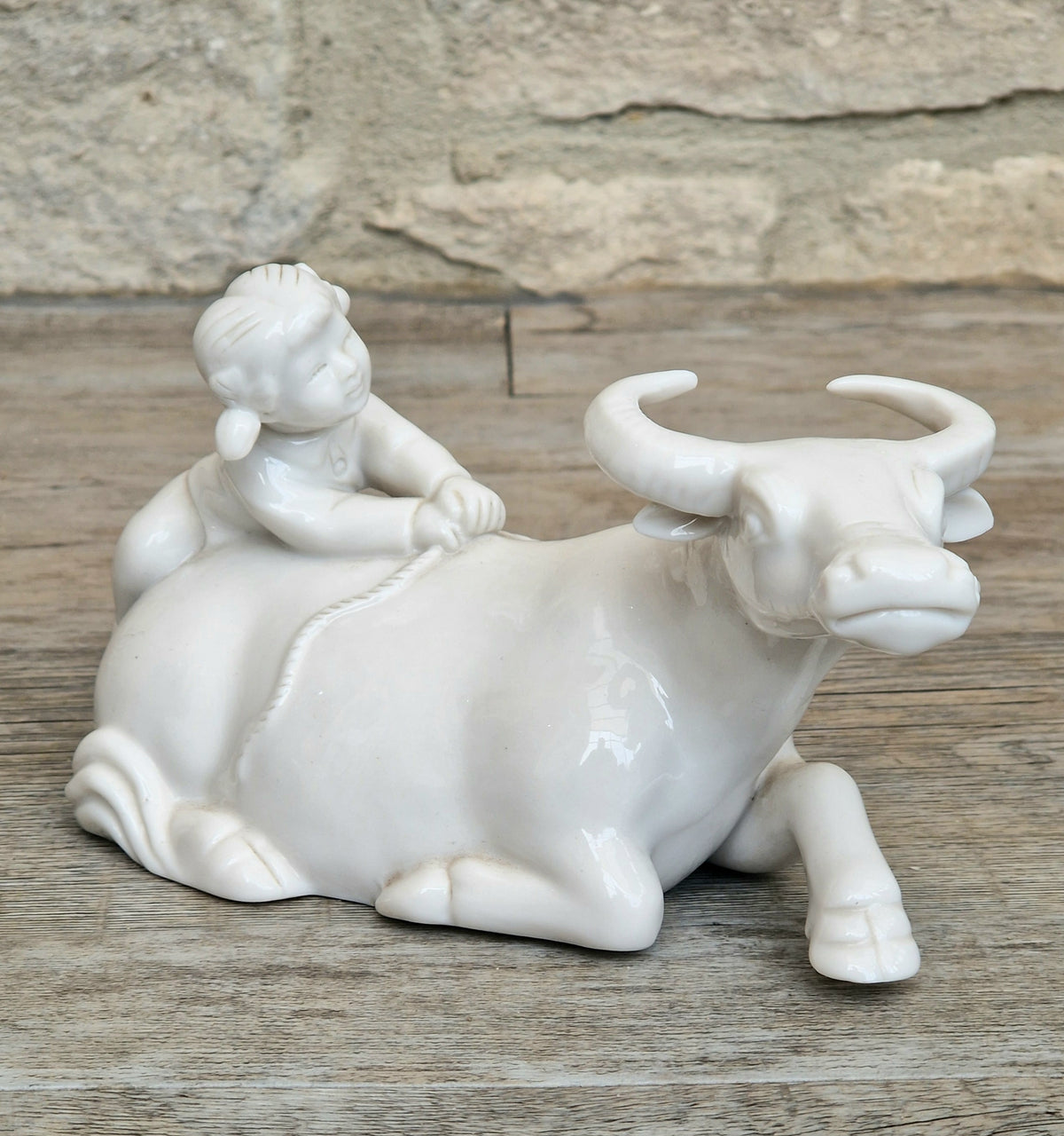 Vintage Chinese Blanc De Chine Porcelain Figurine Girl Riding Water Buffalo Ox Ceramic Home Ornament