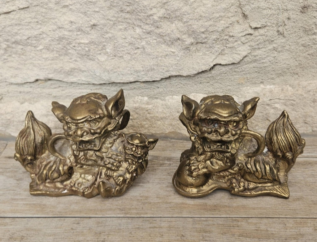 Vintage Small Chinese Pair Of Brass Male and Female Shi Shi Foo Dogs Figurines Statues