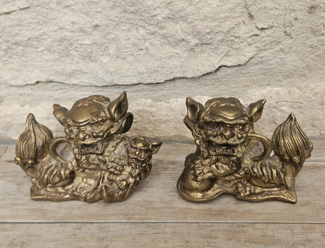 Vintage Small Chinese Pair Of Brass Male and Female Shi Shi Foo Dogs Figurines Statues