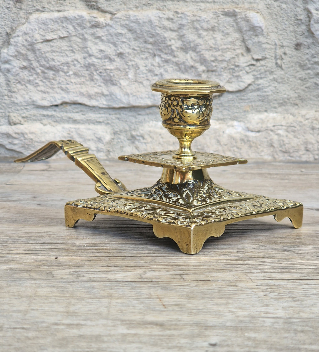 Fine French Antique Rococo Solid Brass Square Tiered Footed Chamberstick