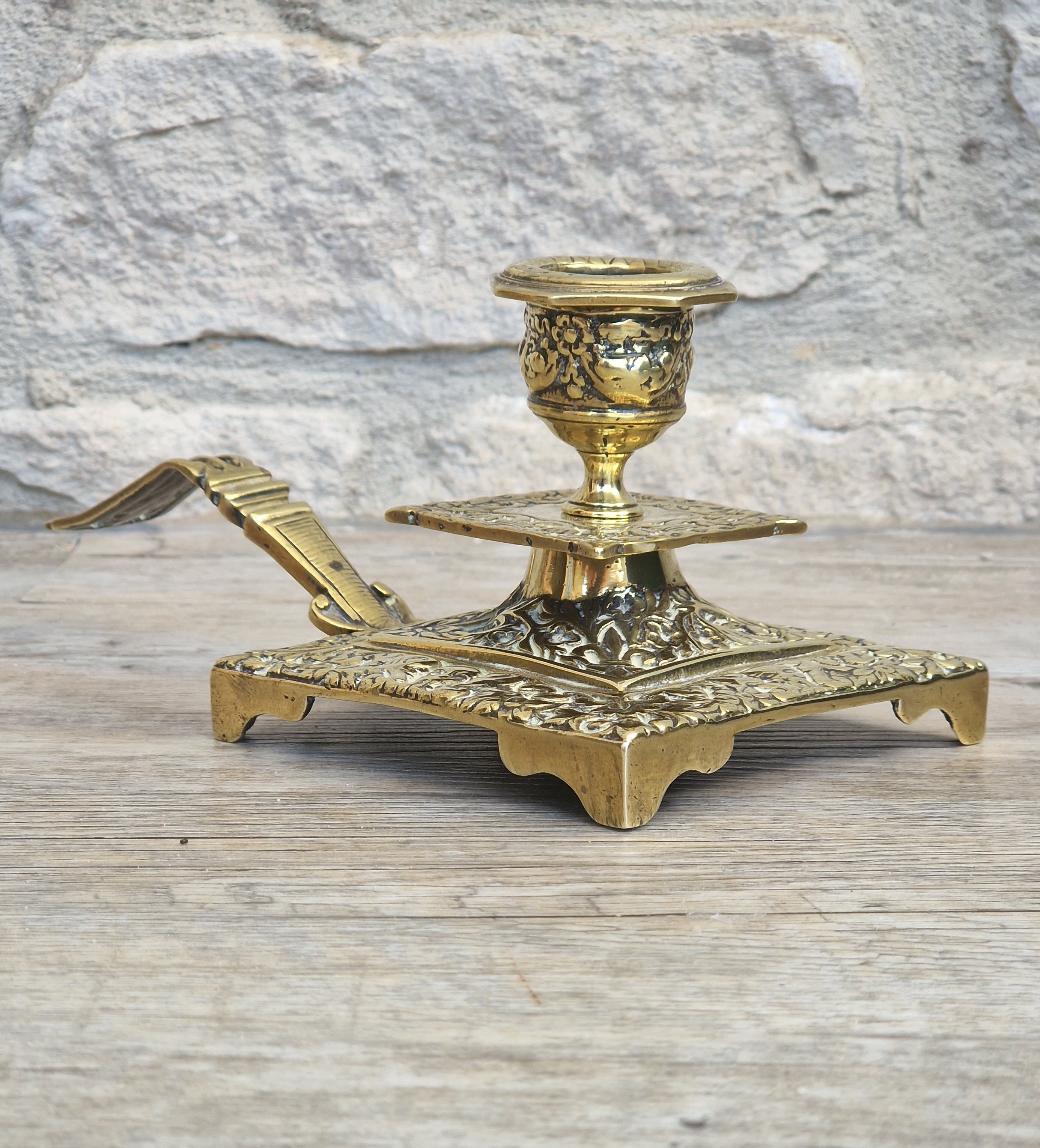 Fine French Antique Rococo Solid Brass Square Tiered Footed Chamberstick