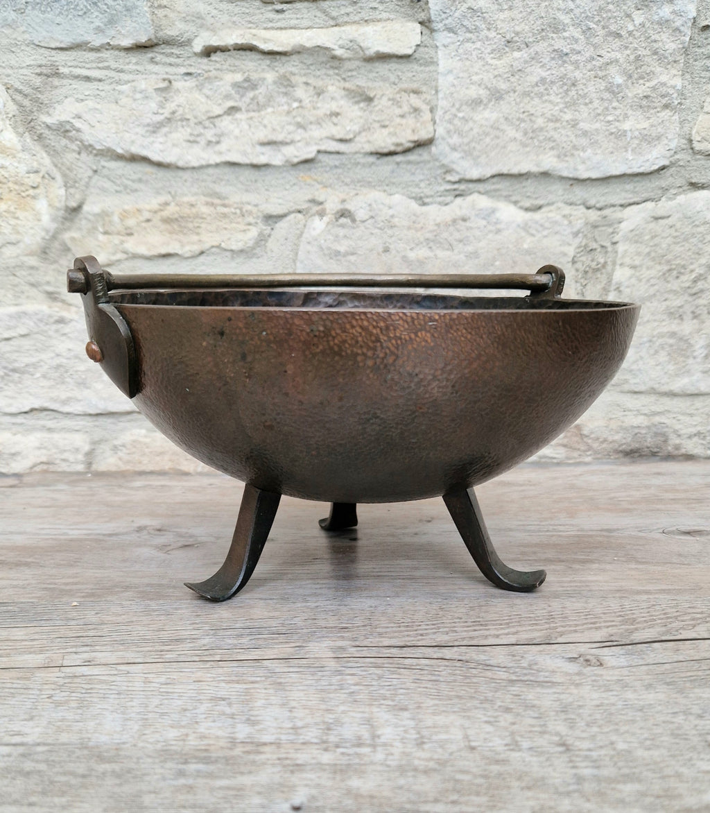 Antique Arts & Crafts Hand Beaten Solid Copper Brass Handled Tri-Foot Planter Bowl c.1890-1900's