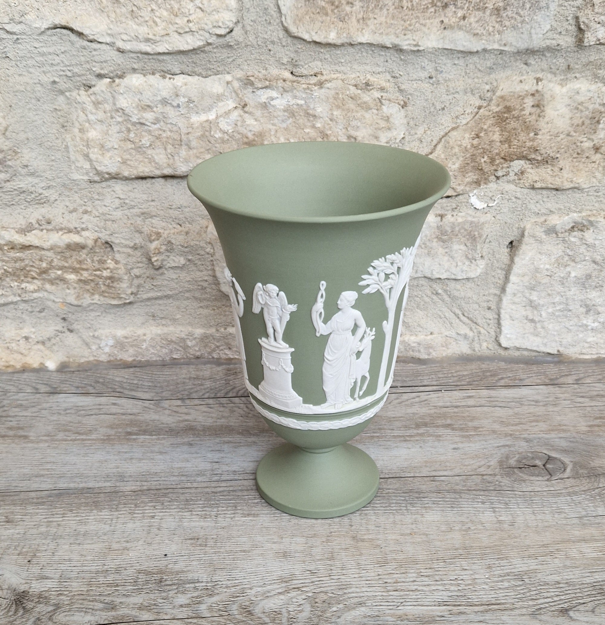 Wedgwood Sage Green Jasperware Arcadian Pedestal Trumpet Mantle Vase - Vintage.Made in England 17cm Tall