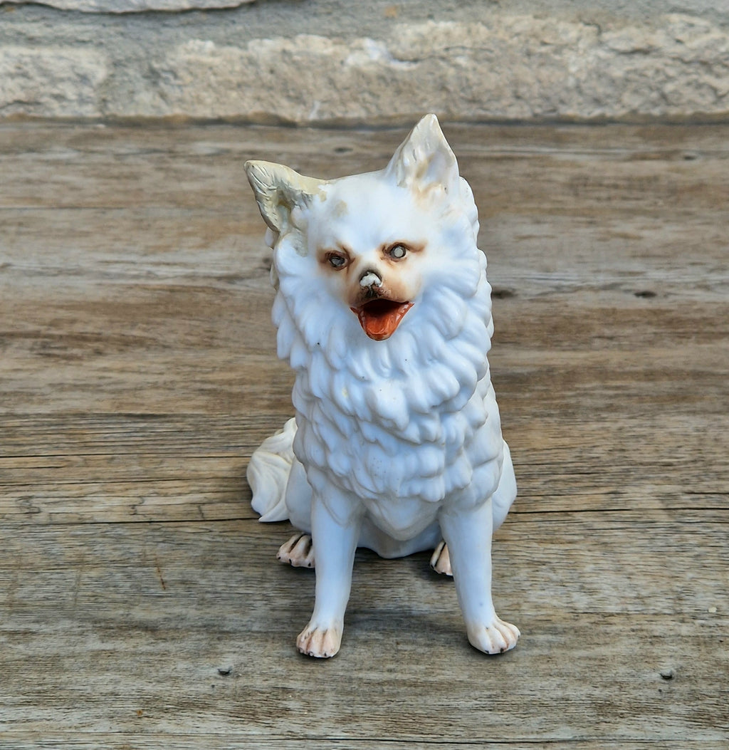 Antique Heubach Bisque Sitting Panting Spitz Dog: German Figure, Circa 1864-1880