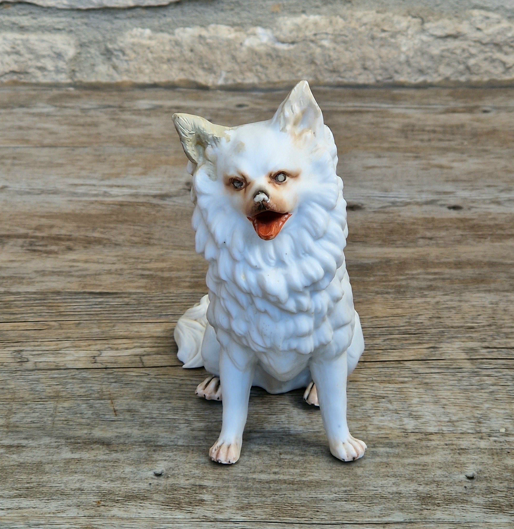 Antique Heubach Bisque Sitting Panting Spitz Dog: German Figure, Circa 1864-1880