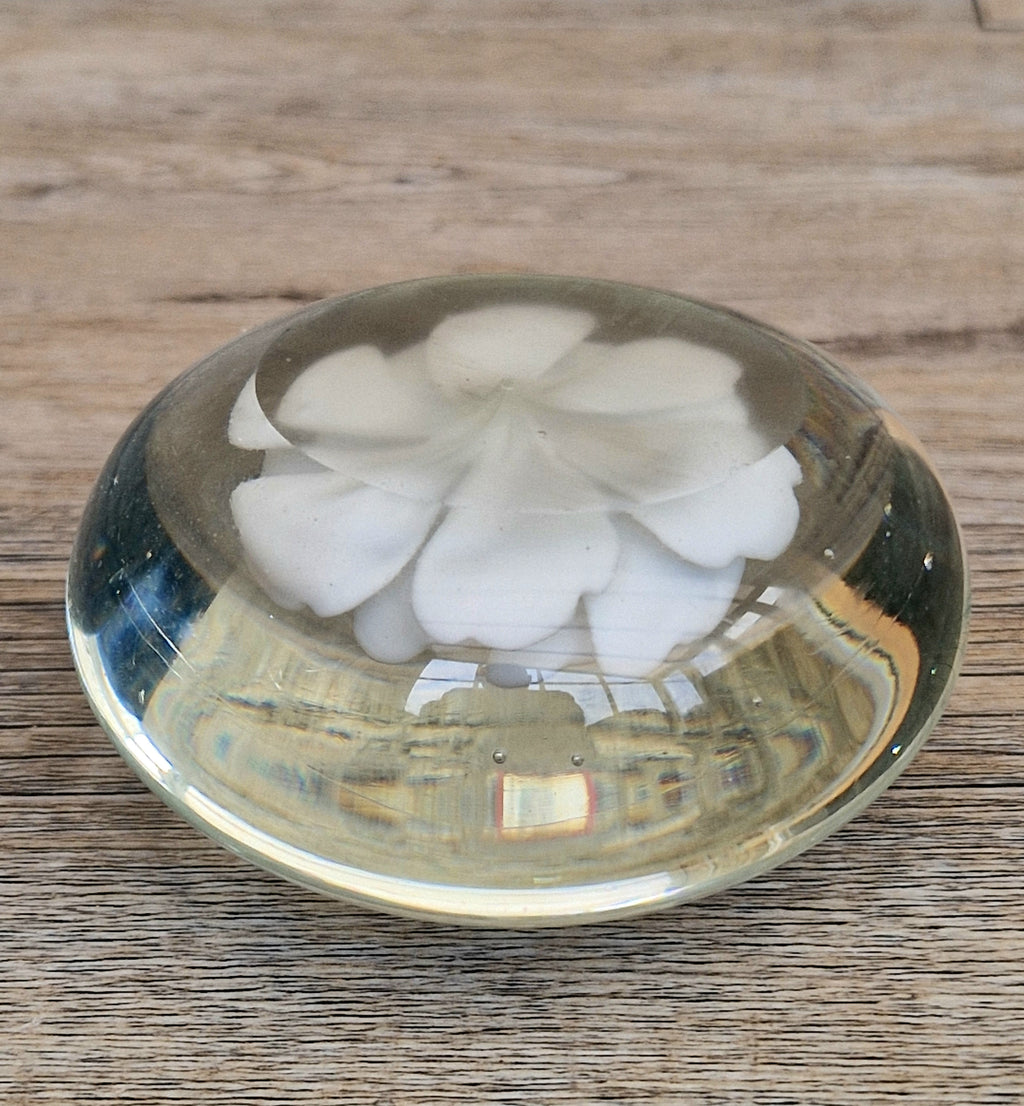 Vintage White Rose Lenticular Glass Paperweight