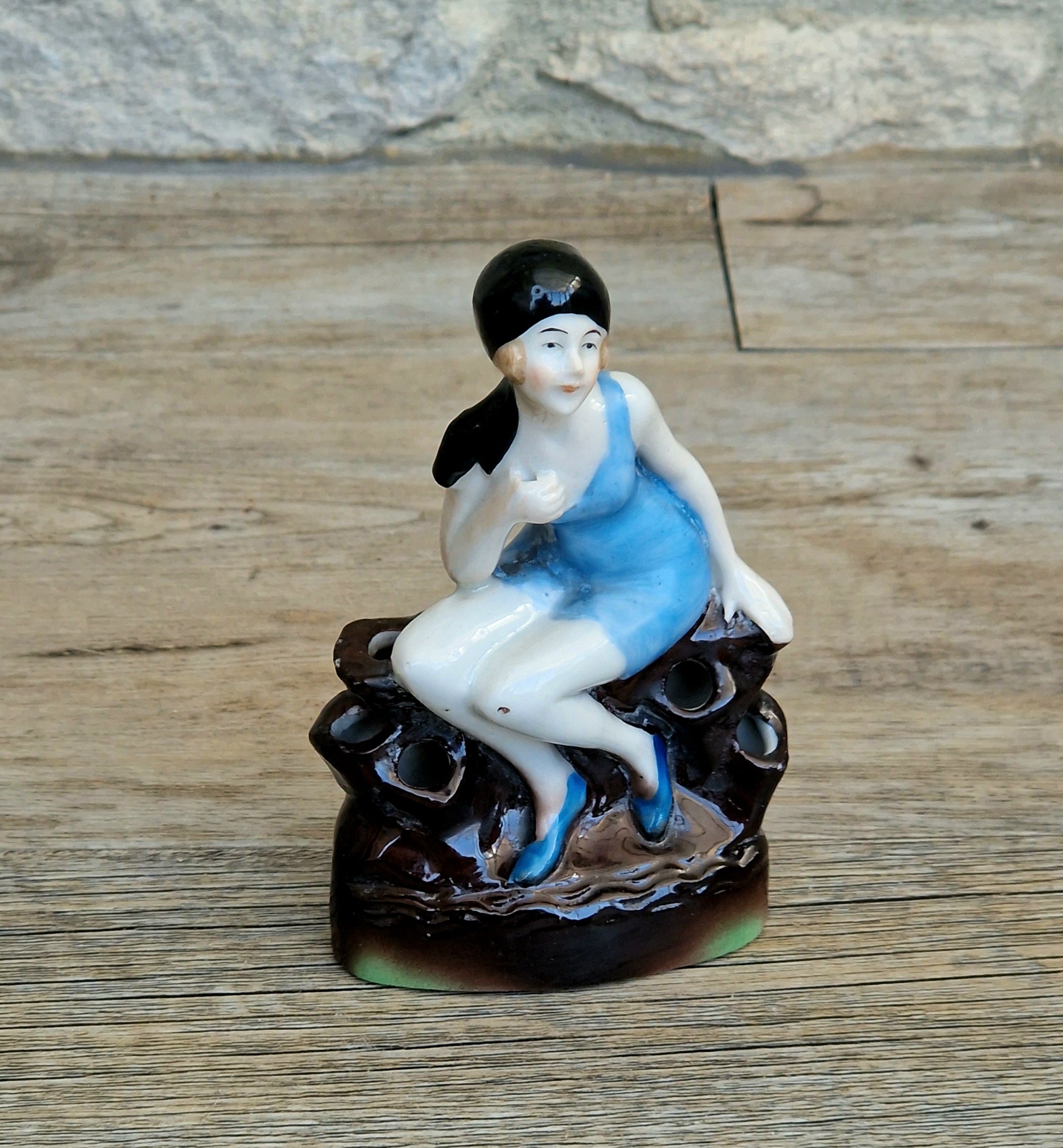 Art Deco Flapper Girl Bathing Belle Figure Ornament Ceramic Hat Pin Holder Continental 1930's