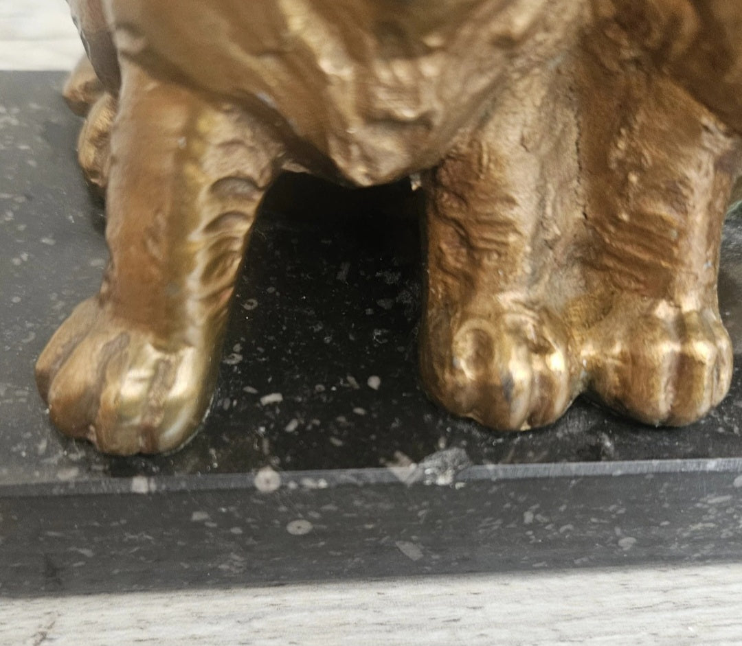 Antique Art Deco Spelter Cat and Dog Figurine on Black Marble Base 16cm X 8cm