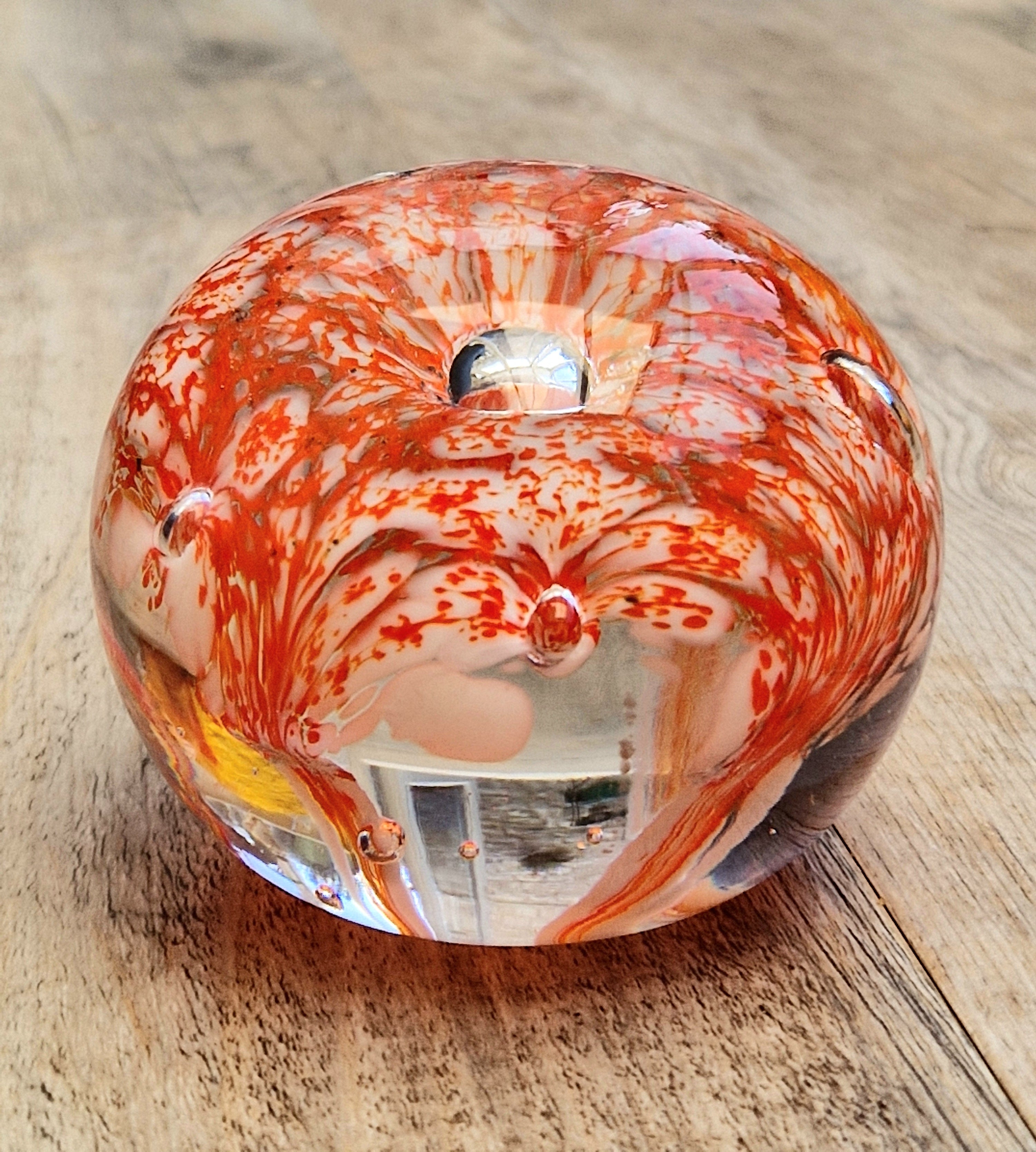 Vintage Rare Liskeard Glass Cornwall Orange & White Bubble Sphere Paperweight 1975