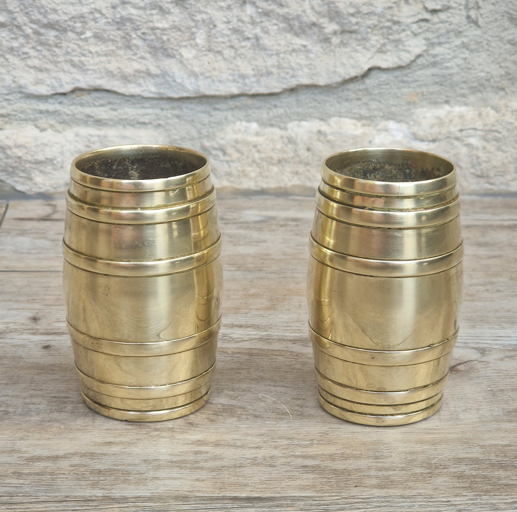 Pair of Vintage Brass Bound Barrel Table Match Holders Desk Pen Holders
