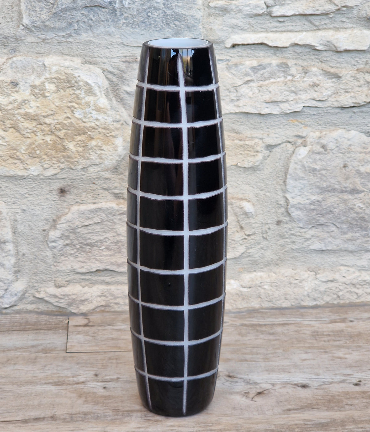 Mid-Century Modern Black & White Cased Cameo Art Glass Tall Geometric Grid Vase