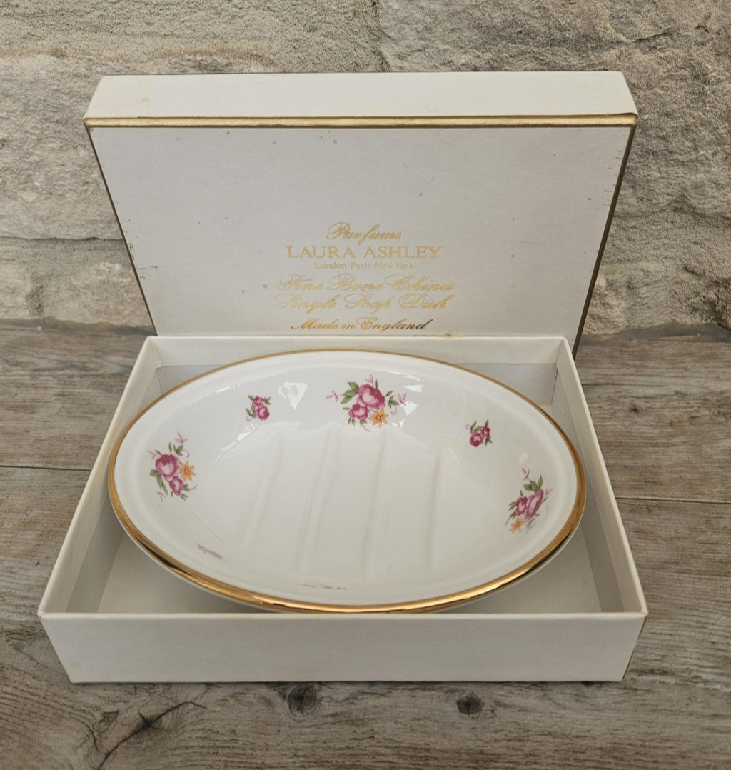 Vintage 1980s Laura Ashley Pretty Oval Floral Soap Dish Unused in Box Made in England