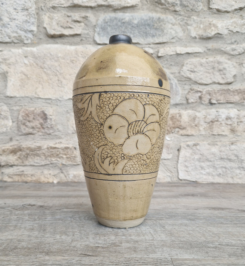 Large Chinese Cizhou Ware Meiping Style Stoneware Vase With Incised Floral Motif Design