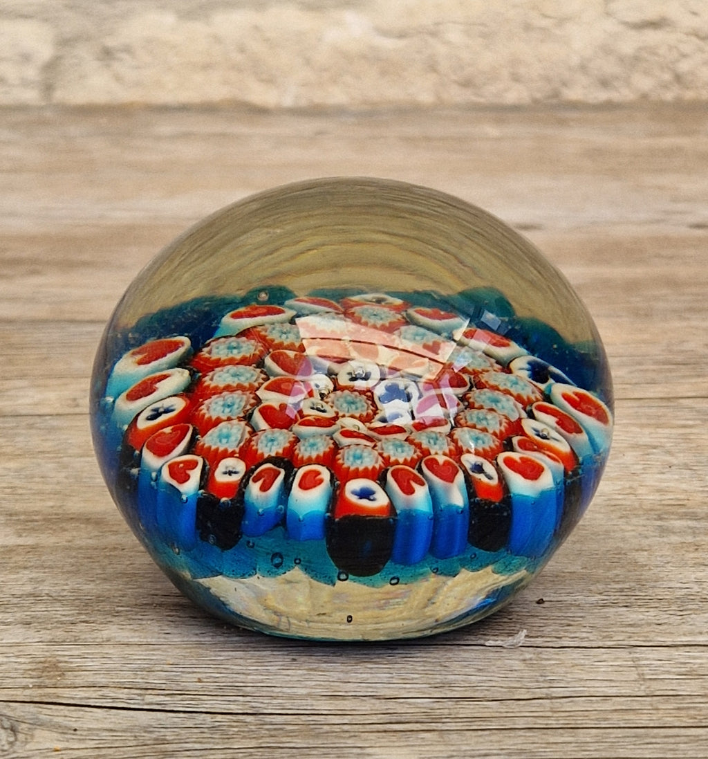 Vintage Murano Red and Blue Glass Hearts & Clubs Millifiore Round Paperweight