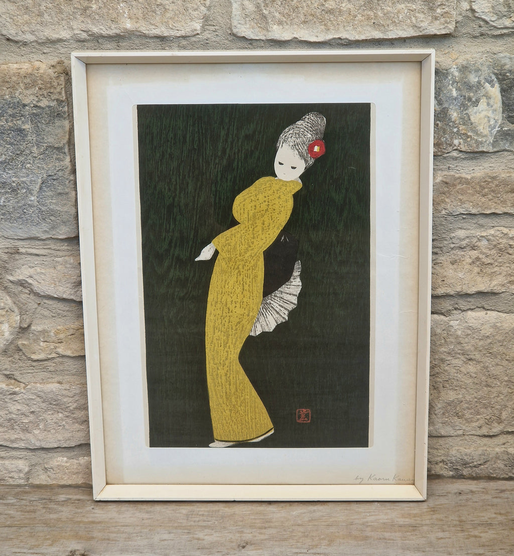 Vintage Kaoru Kawano Large Japanese Woodblock Print Camellia Yellow Kimono Mid-Century Framed