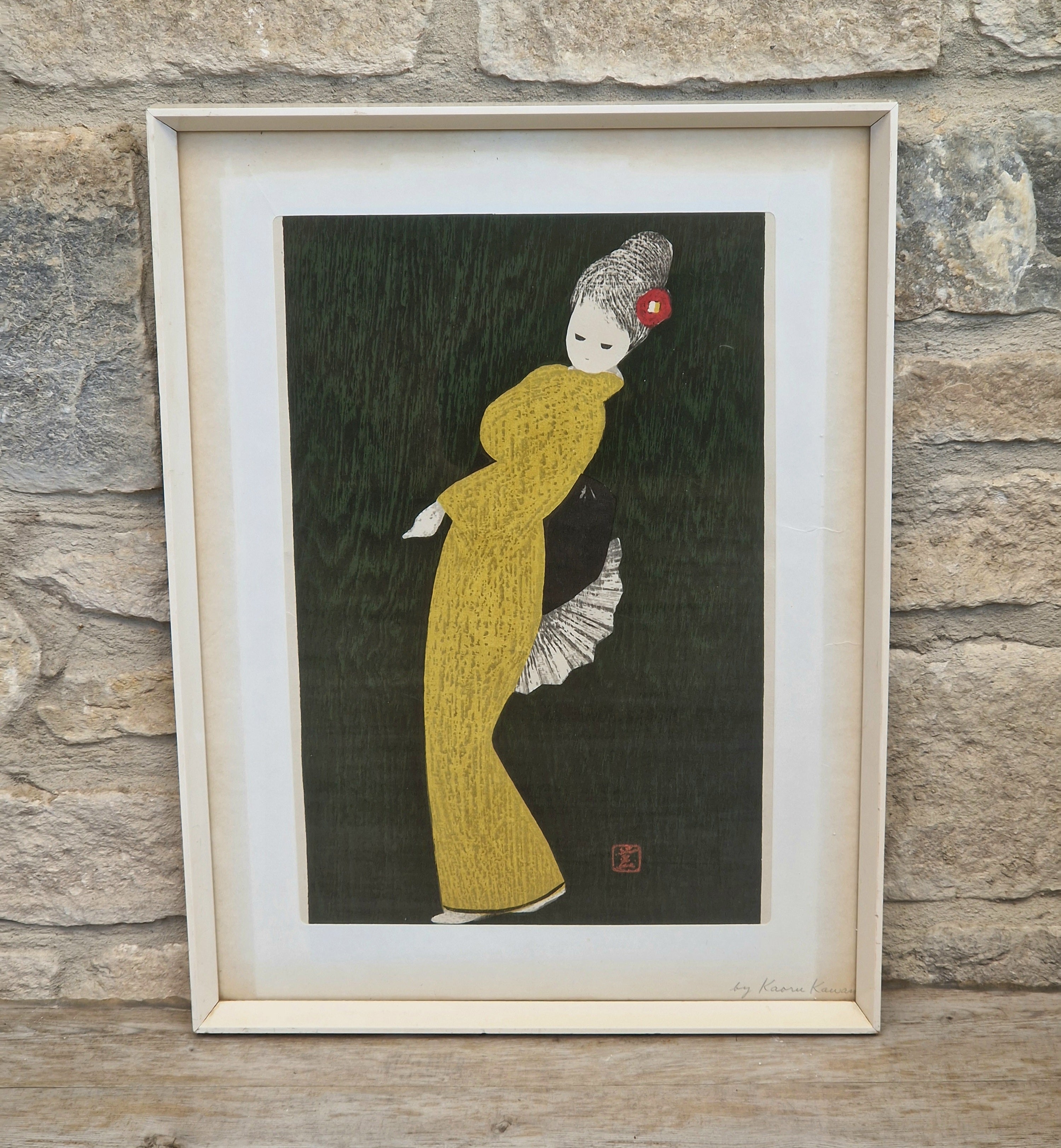 Vintage Kaoru Kawano Large Japanese Woodblock Print Camellia Yellow Kimono Mid-Century Framed