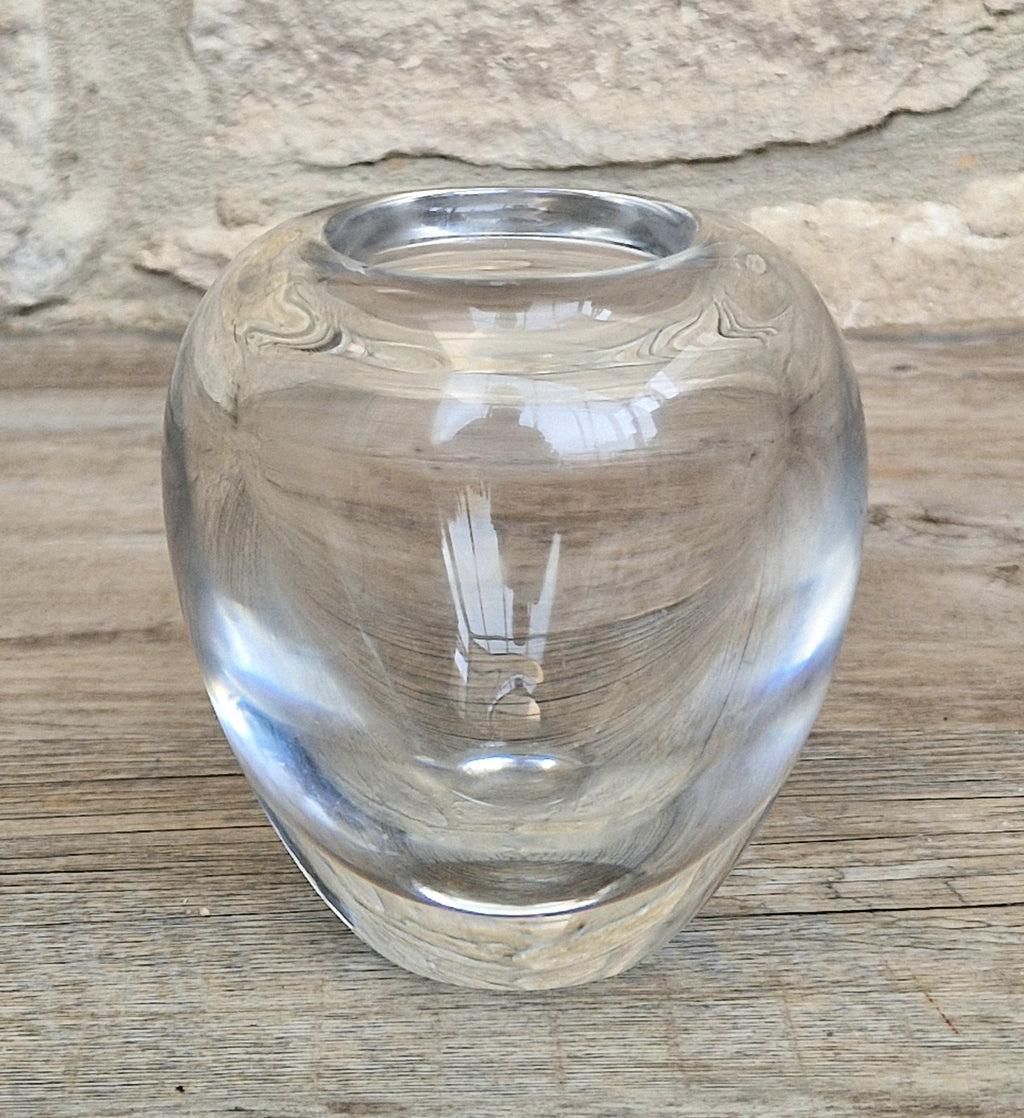 Heavy Mid-Century Clear Hand-Blown Art Glass Ovoid Vase With Polished Frosted Ring Base