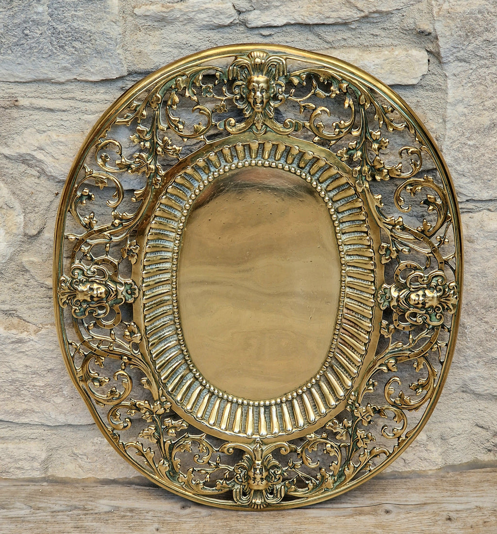 Antique 19thC Baroque Cast Brass Architectural Mount Appliqué Ornate Mascaron Filigree Vanity Card Tray Plate Hand-Tooled Pattern 1018