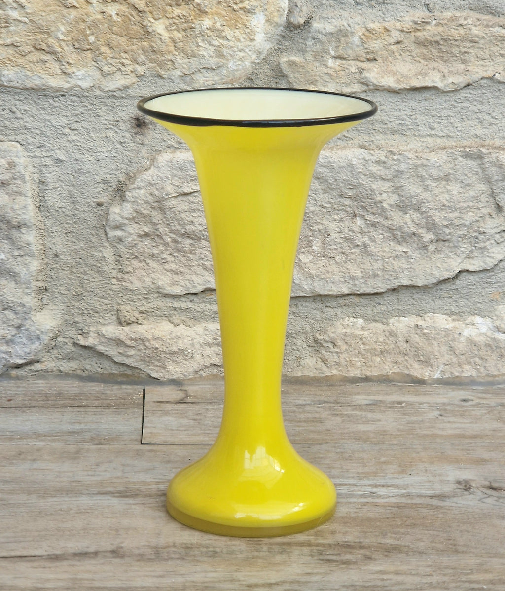 Vintage Bright Yellow Tango Glass Trumpet Vase with Black Rim 16cm