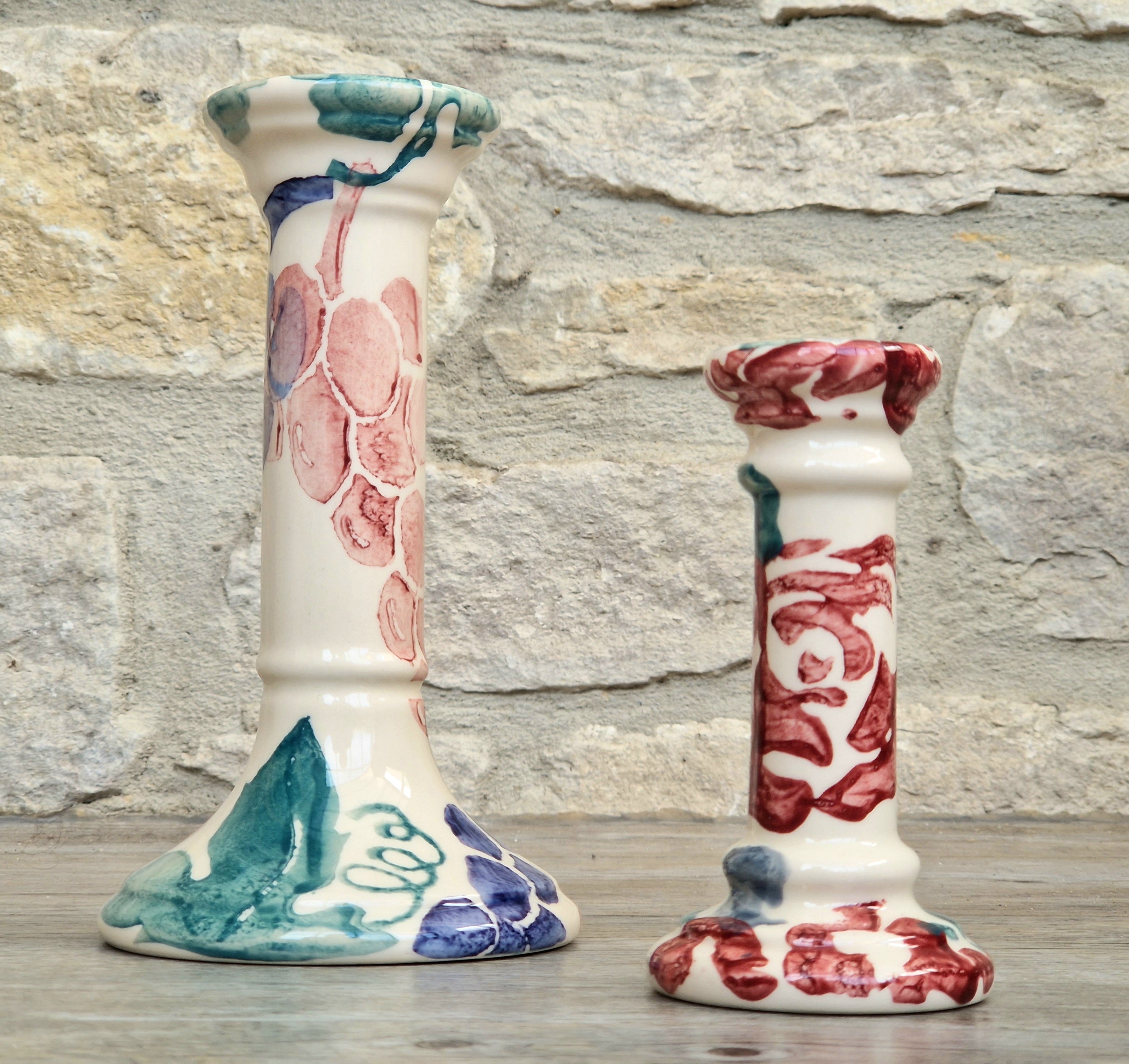2 x Emma Bridgewater Spongeware Grapes & Roses Candle Sticks Candle Holders Vintage Early