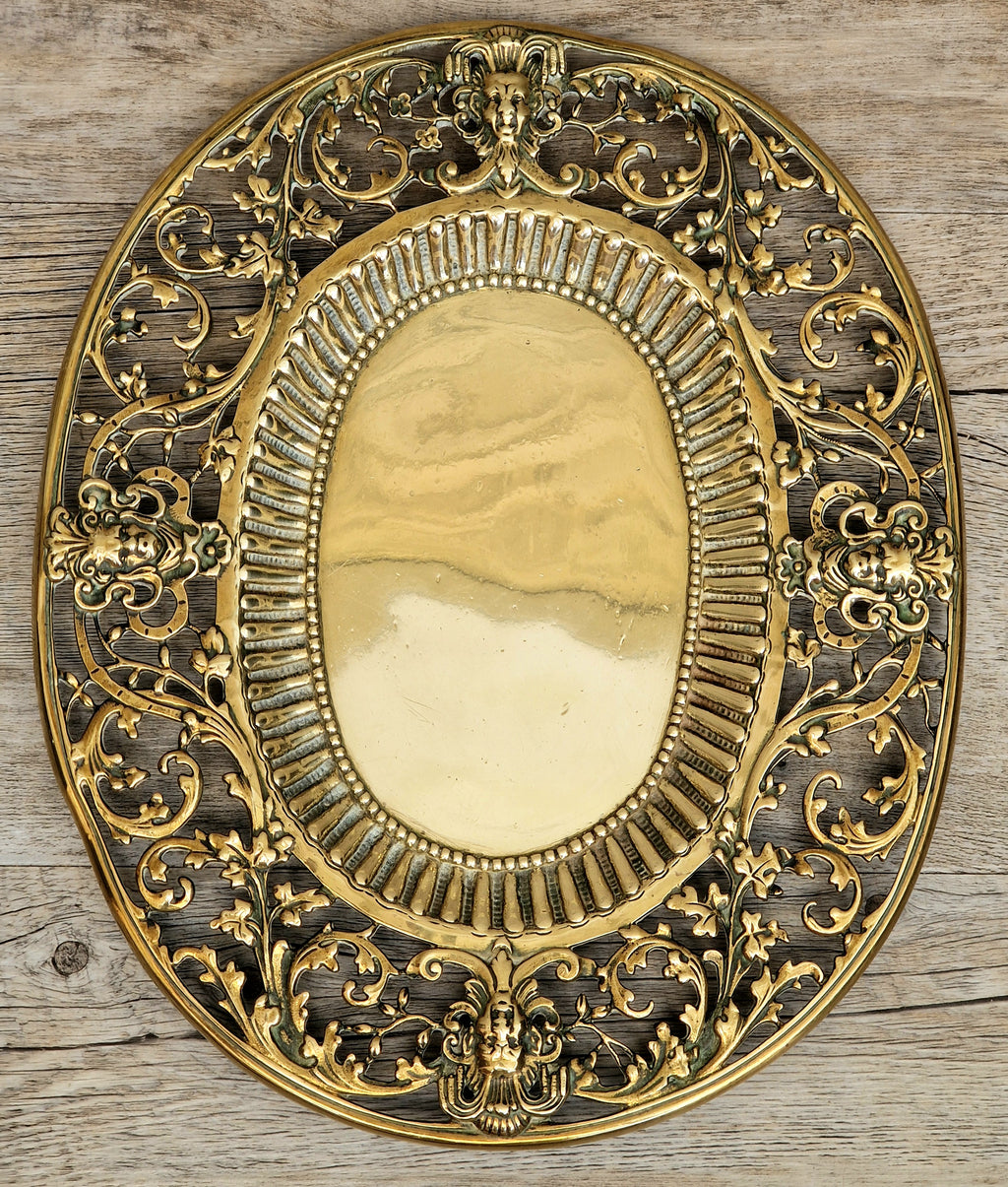 Antique 19thC Baroque Cast Brass Architectural Mount Appliqué Ornate Mascaron Filigree Vanity Card Tray Plate Hand-Tooled Pattern 1018