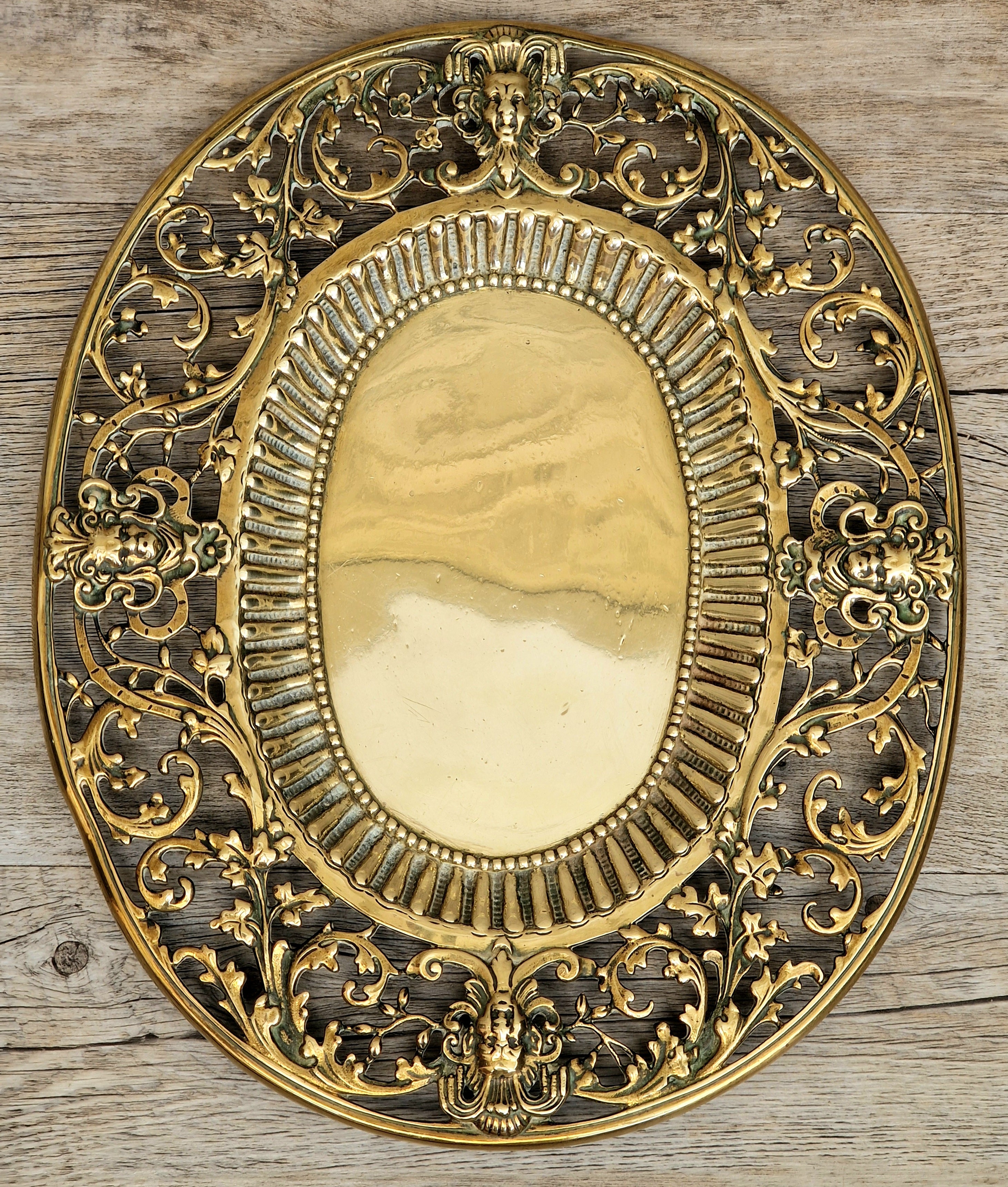 Antique 19thC Baroque Cast Brass Architectural Mount Appliqué Ornate Mascaron Filigree Vanity Card Tray Plate Hand-Tooled Pattern 1018