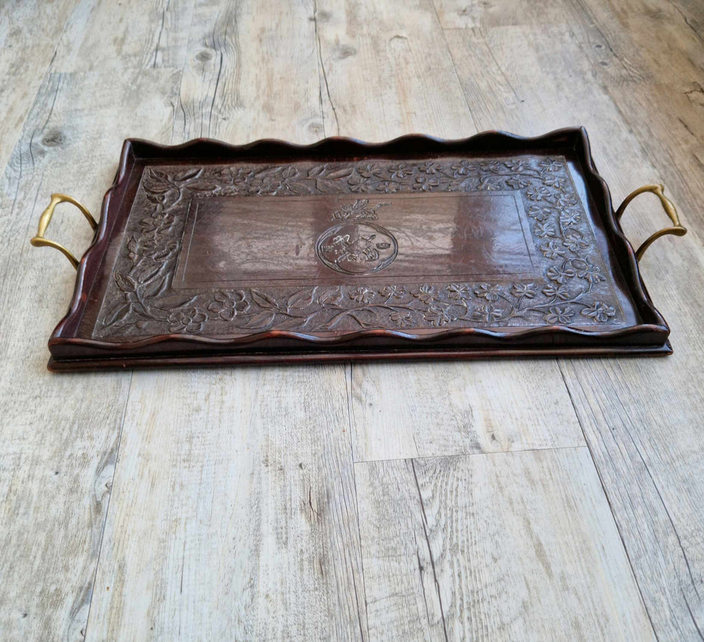 Antique 19th C. Carved Corps Of Commissionaires Presentation Brass Handled Serving Tray