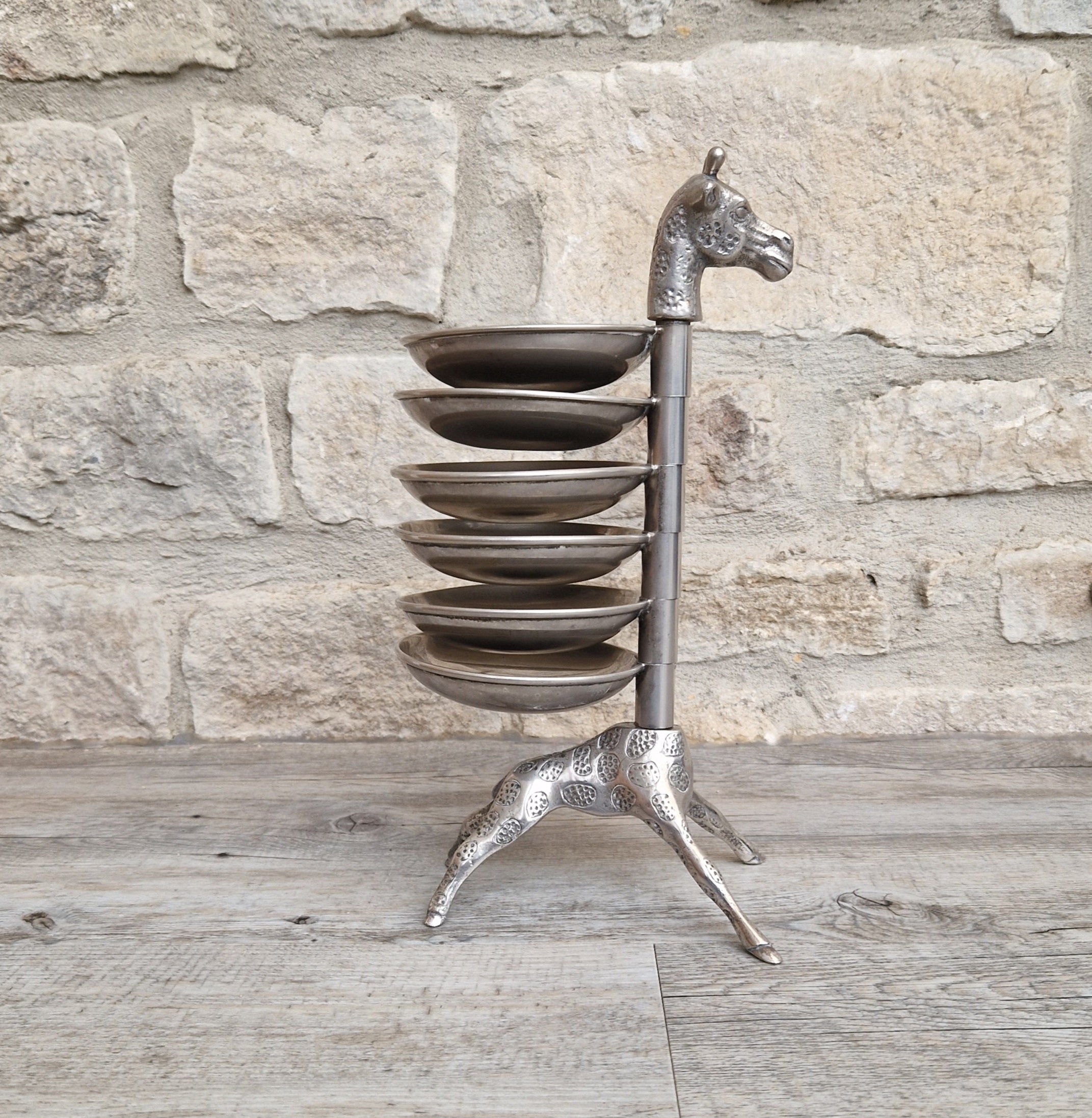 Vintage Midcentury 1960's Chrome Brass Novelty Giraffe 6 Dish h'orderves Serving Tray Stand