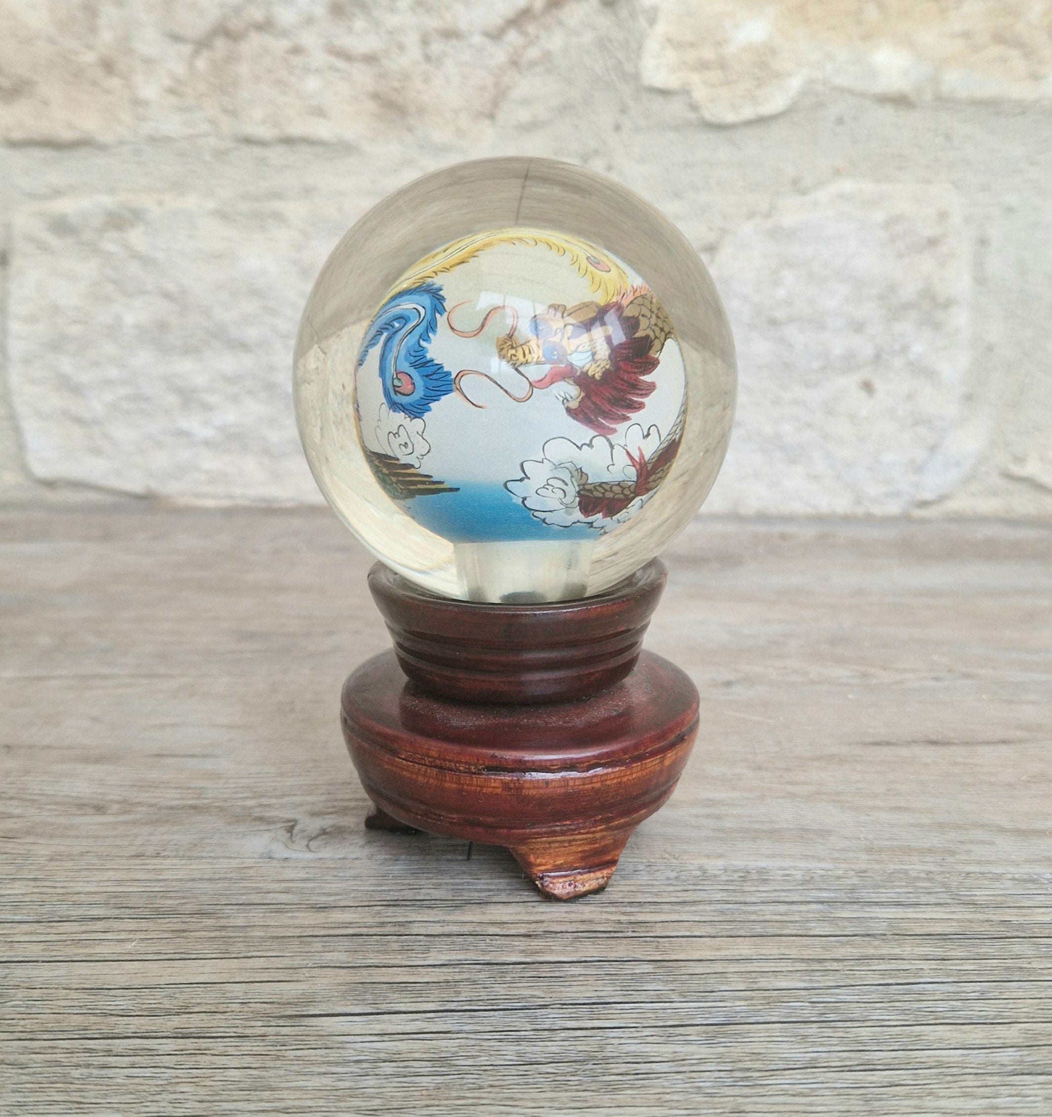 Vintage Chinese Reverse Painted Dragon & Pheonix Crystal Glass Ball Mounted Plinth