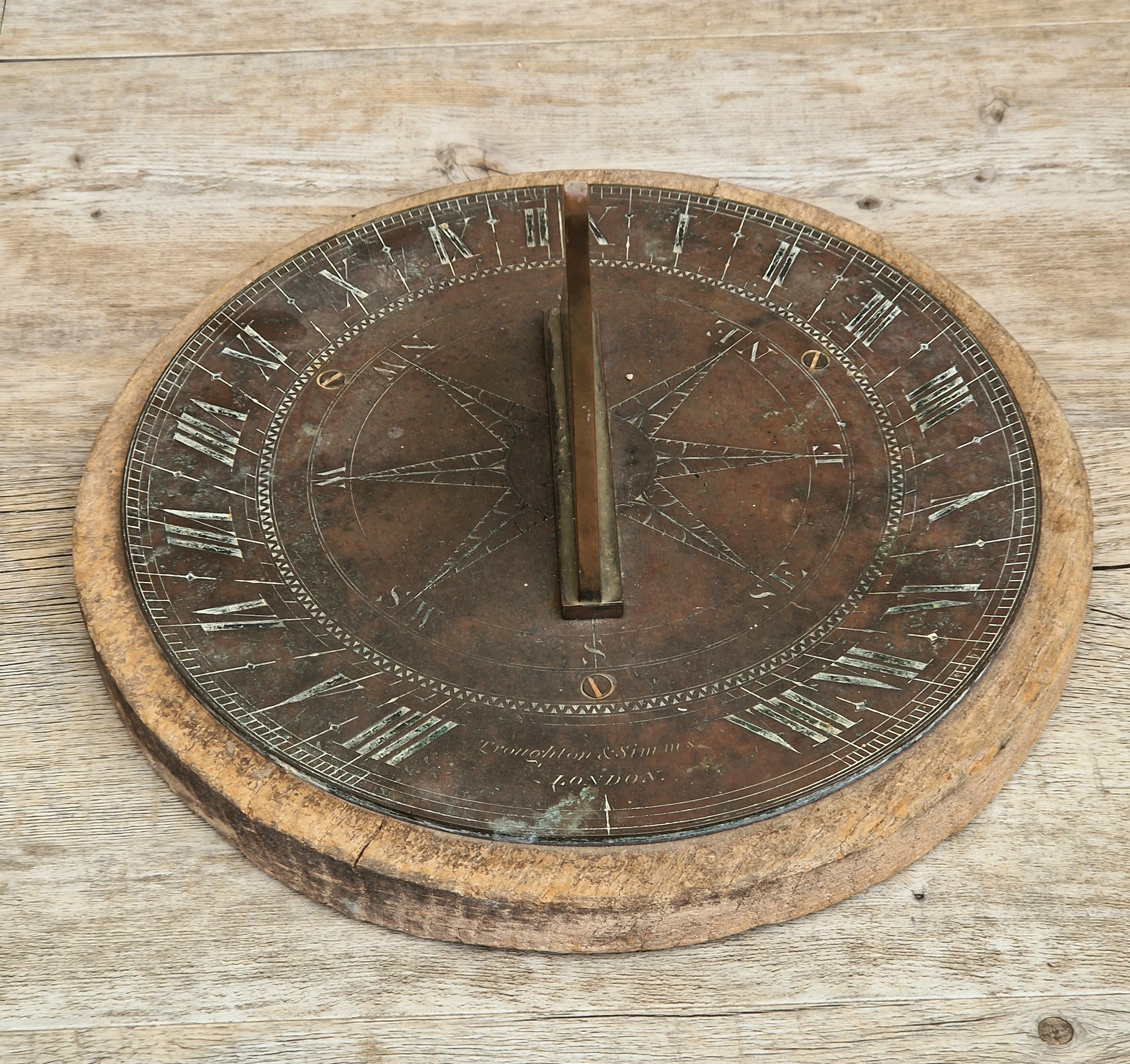 Antique Troughton & Simms London Brass Sundial, Mid-Victorian Horizontal Garden Dial Plate c.1850