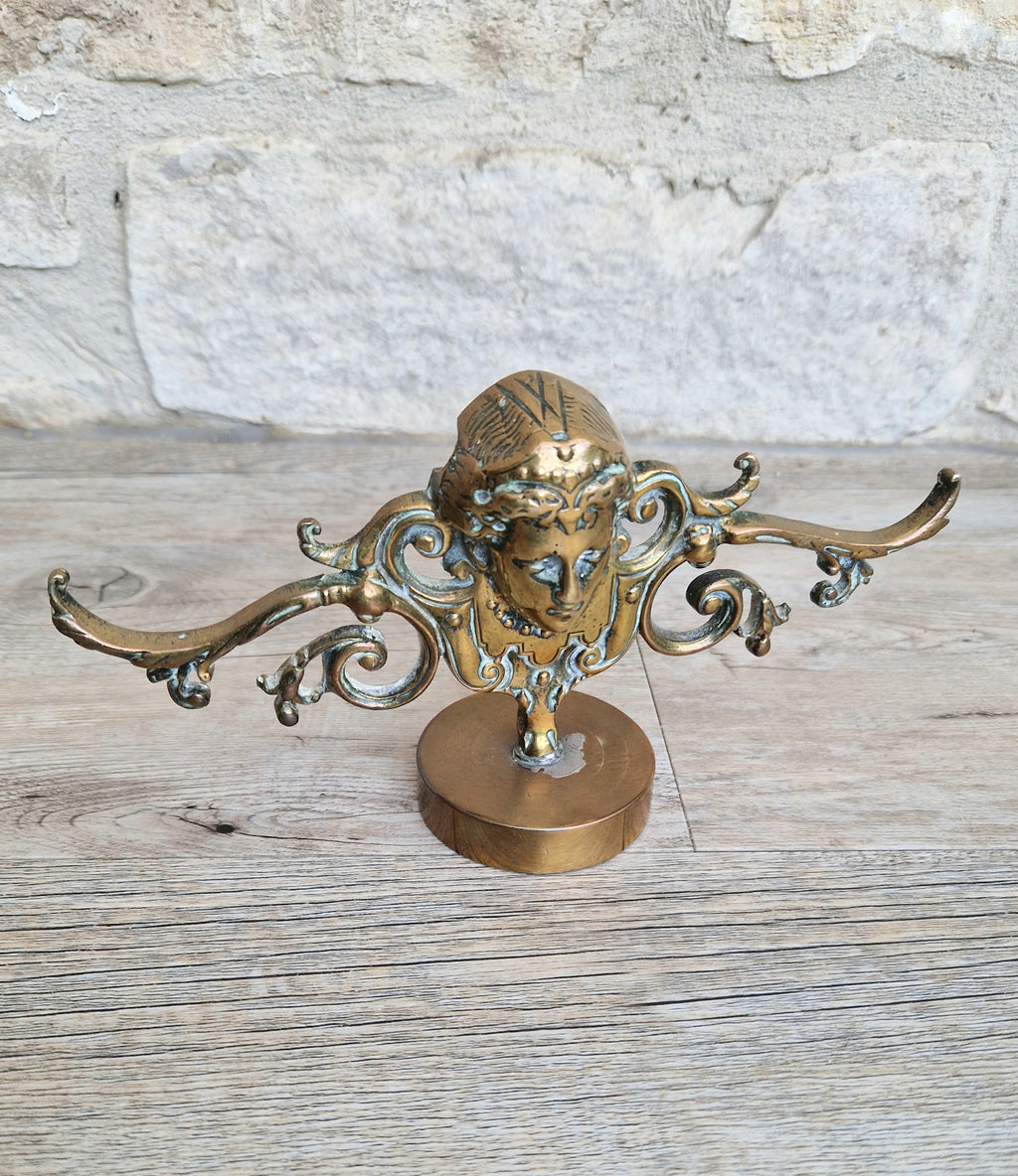 Brass Neo Classical Female Figural Pediment Mounted On Heavy Antique Paperweight