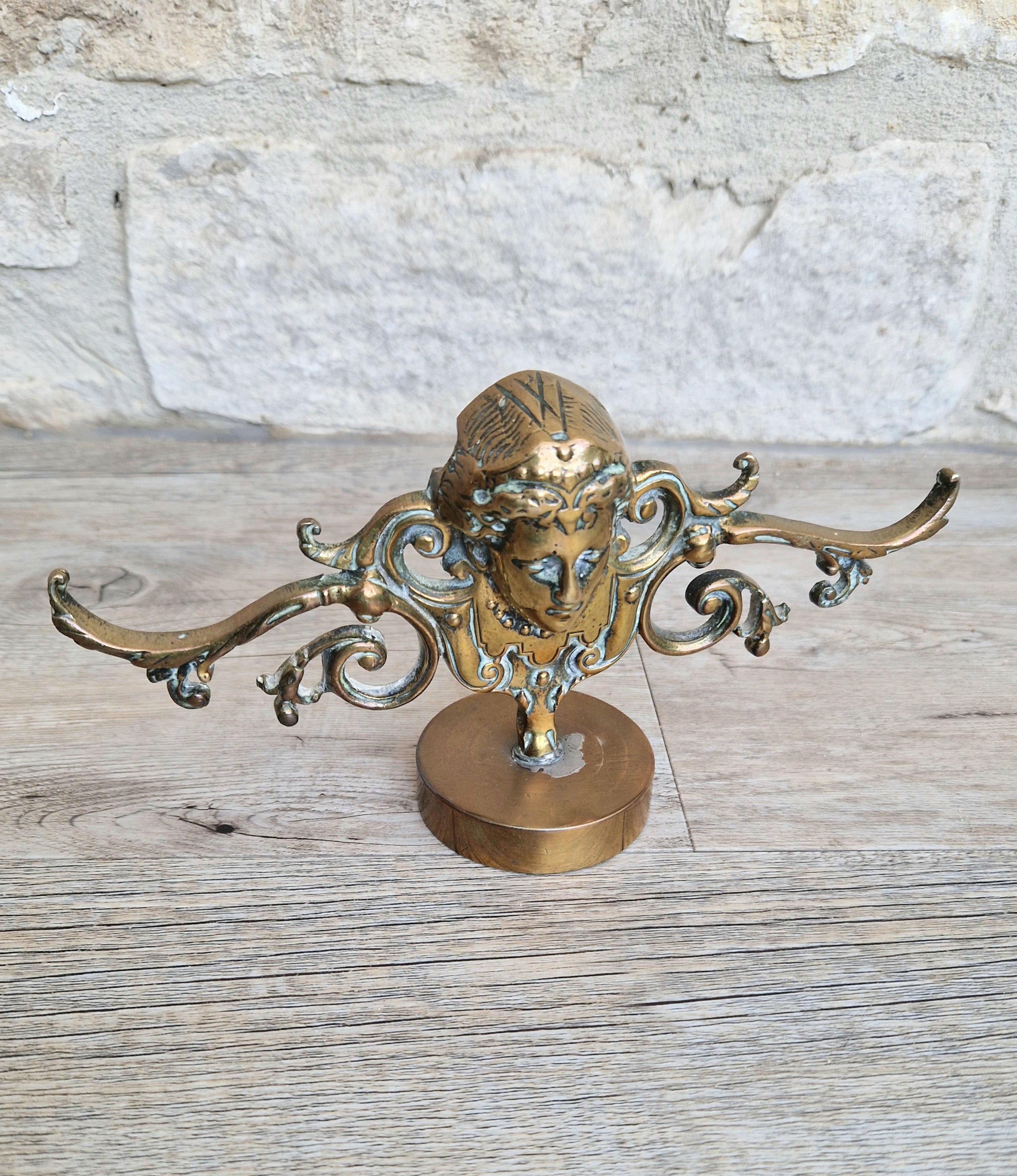Brass Neo Classical Female Figural Pediment Mounted On Heavy Antique Paperweight