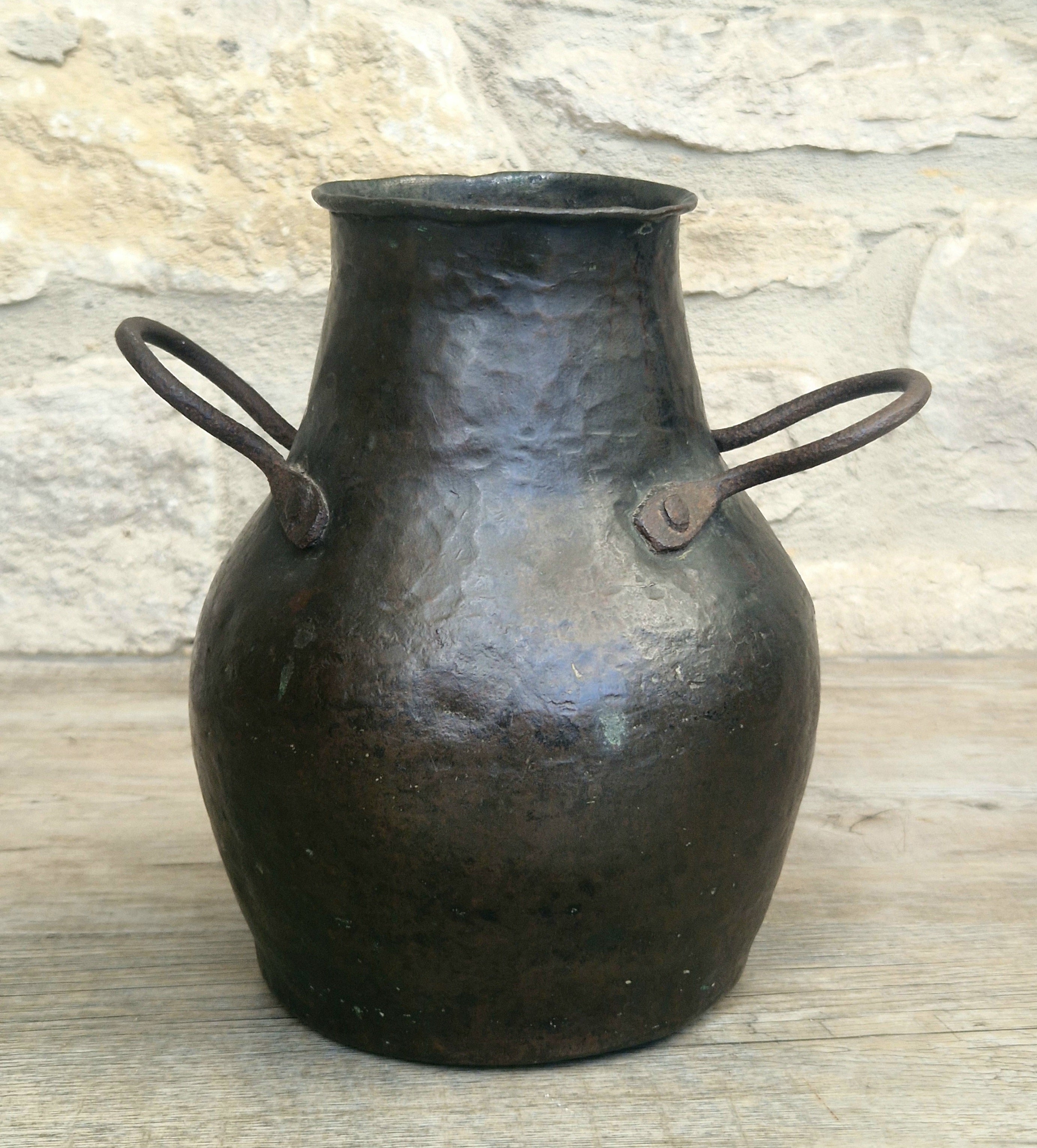 18th Century Hammered Bronze Cauldron Pot Wrought Iron Handles Historic Repair Antique Kitchenalia Vessel
