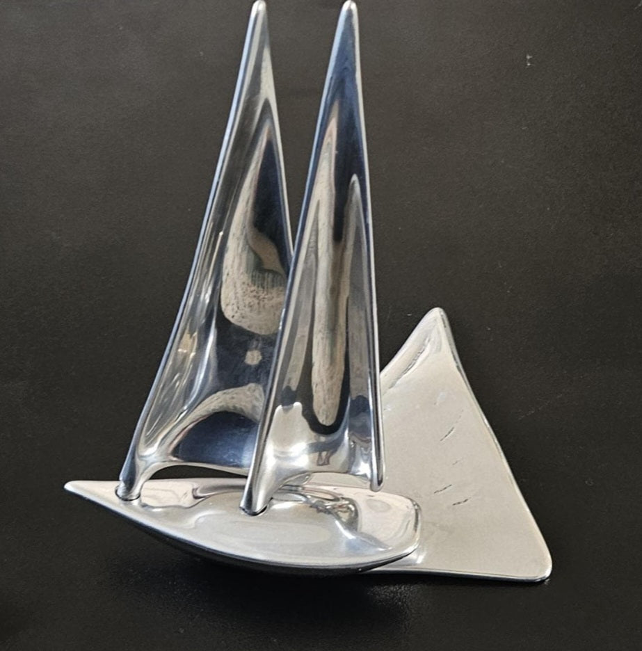 Vintage Small Hoselton Sailing Boat Art Sculpture Nautical Maritime Canadian Artist Cast Aluminum 16cm Tall X 13.5 Across