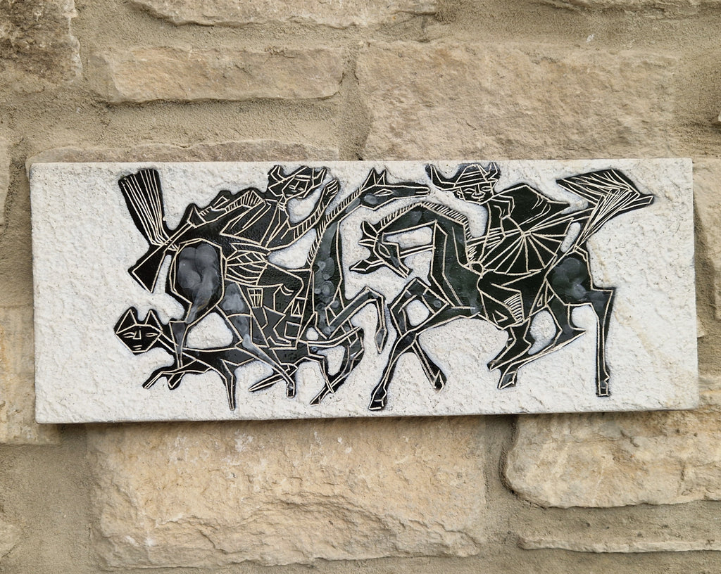 Mid-Century Italian Ceramic Art Plaque Warriors On Horseback Glazed Textured Art