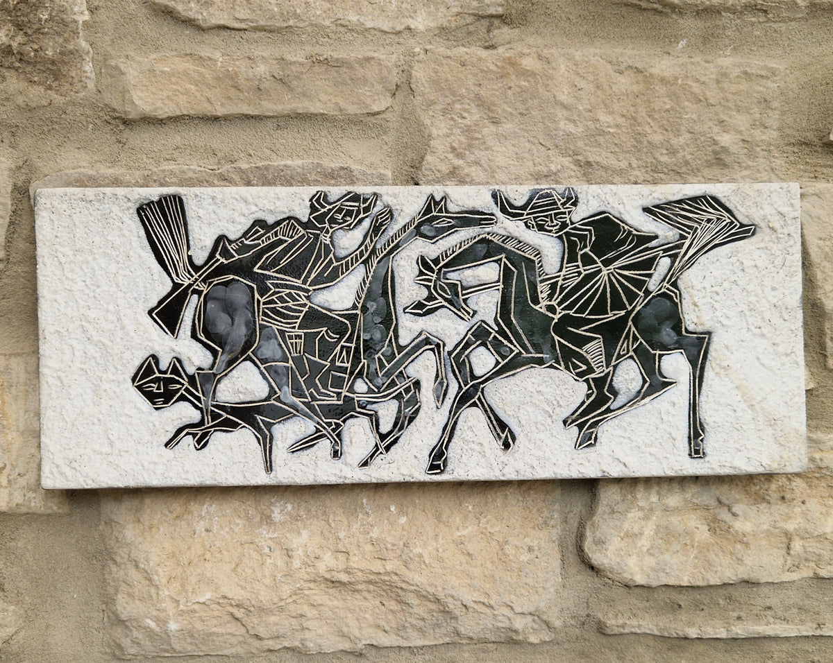 Mid-Century Italian Ceramic Art Plaque Warriors On Horseback Glazed Textured Art
