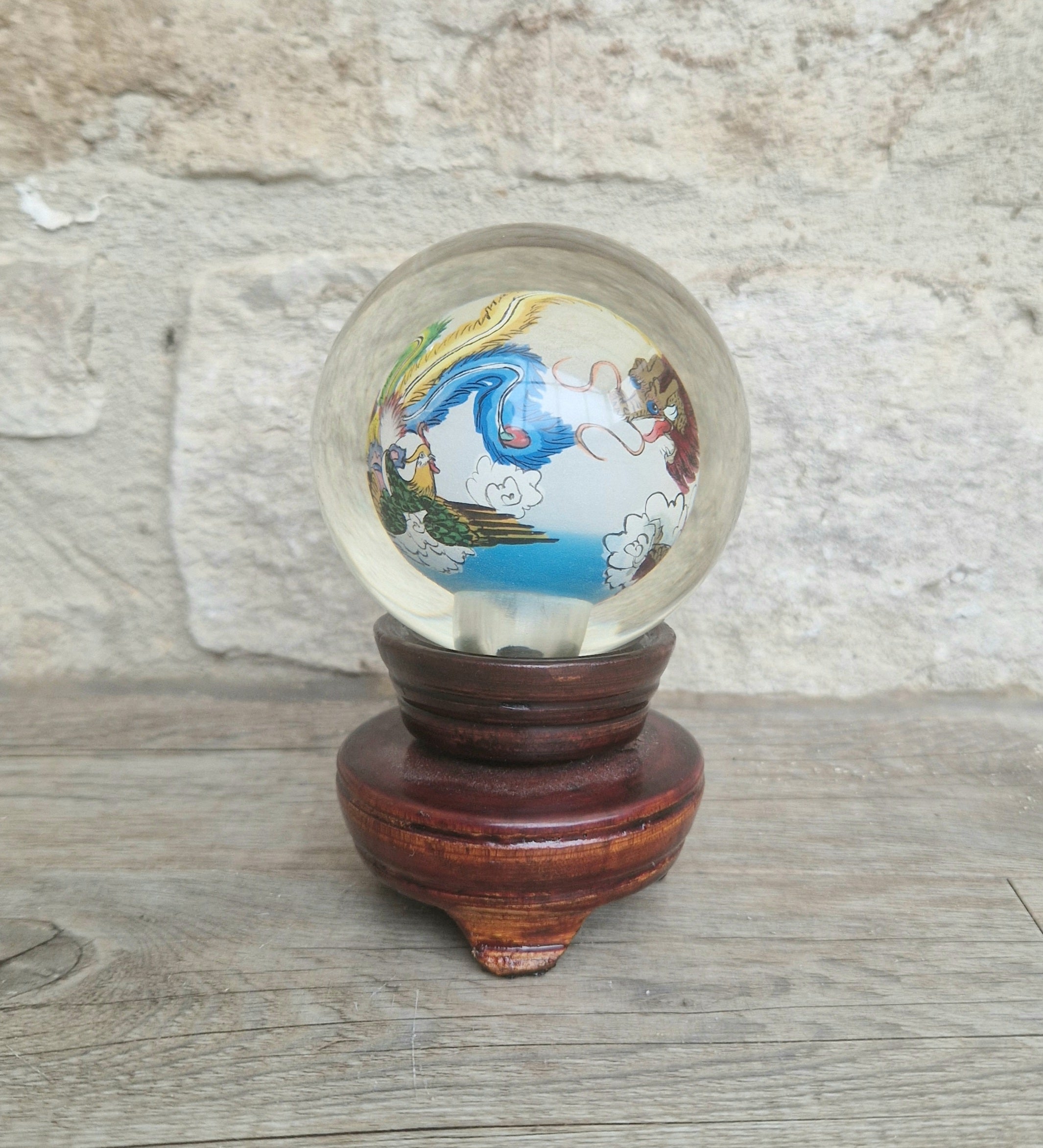 Vintage Chinese Reverse Painted Dragon & Pheonix Crystal Glass Ball Mounted Plinth