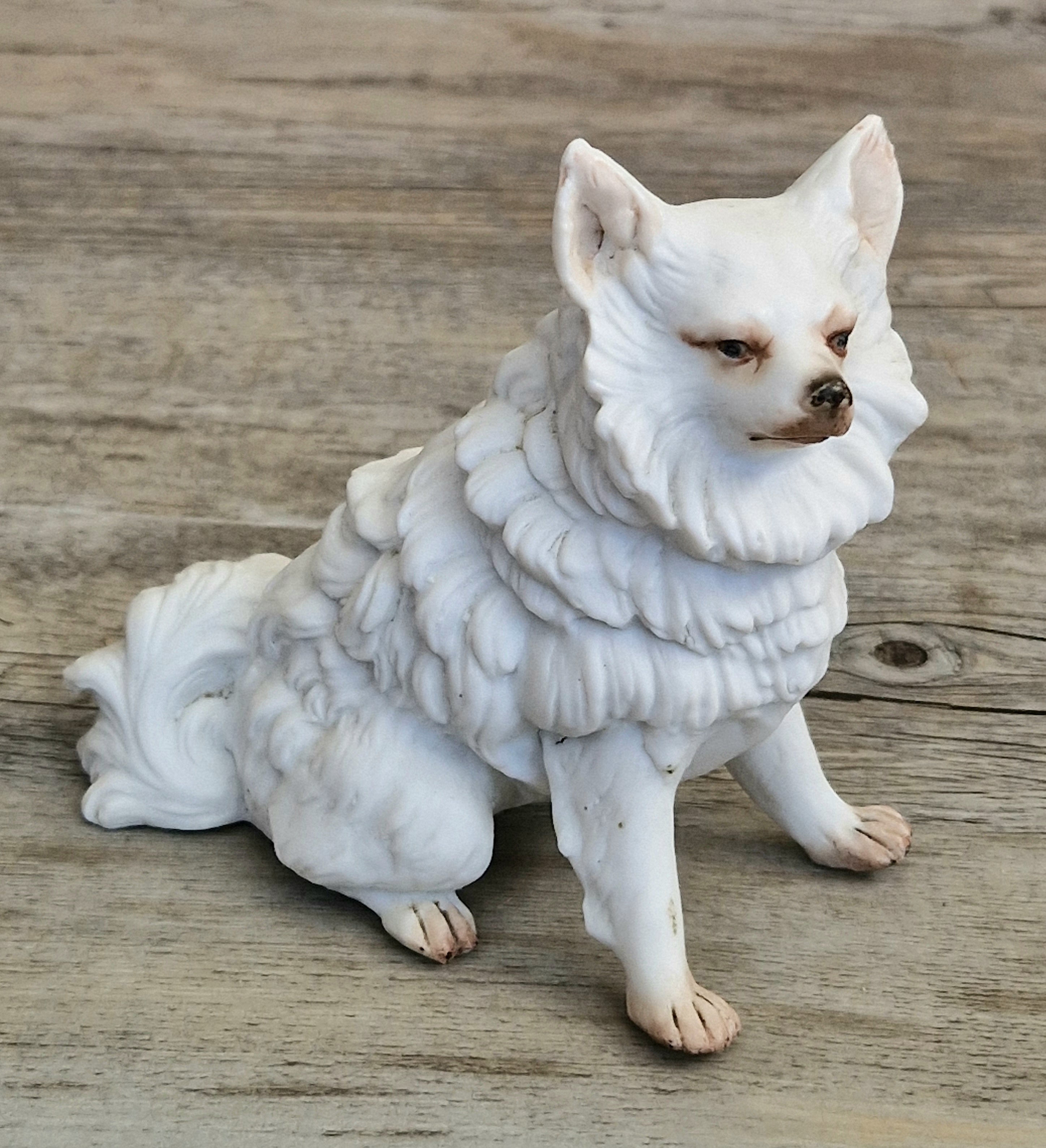 Antique Heubach Bisque Sitting Spitz Dog: German Figure, Circa 1864-1880