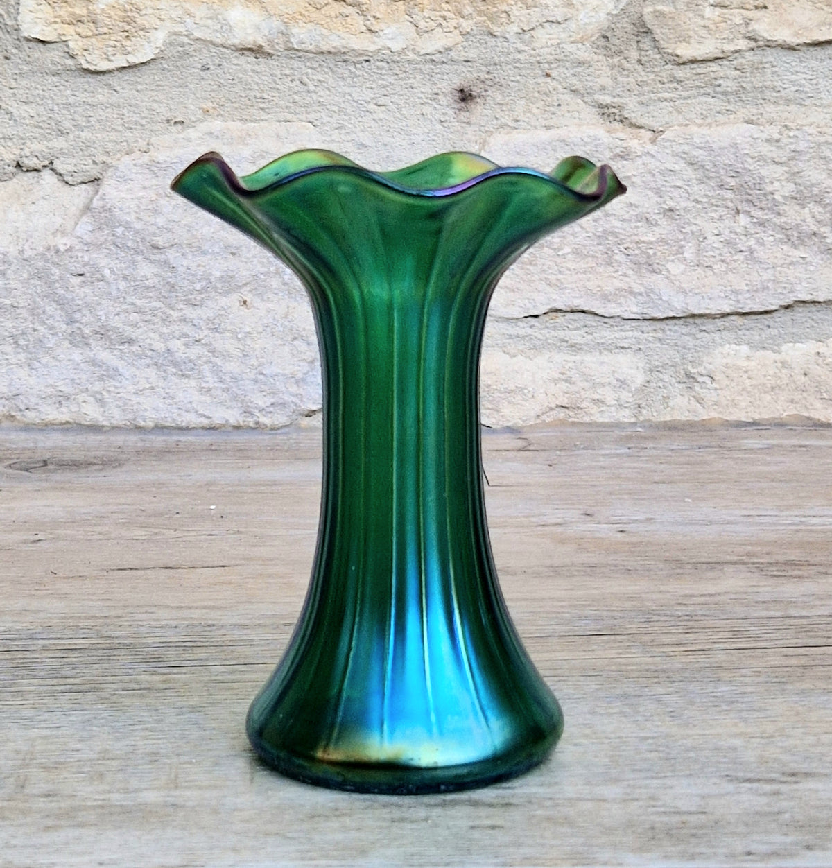 Antique Loetz Art Nouveau Creta Glatt Iridescent Green Glass Fluted Vase Polished Pontil c1900