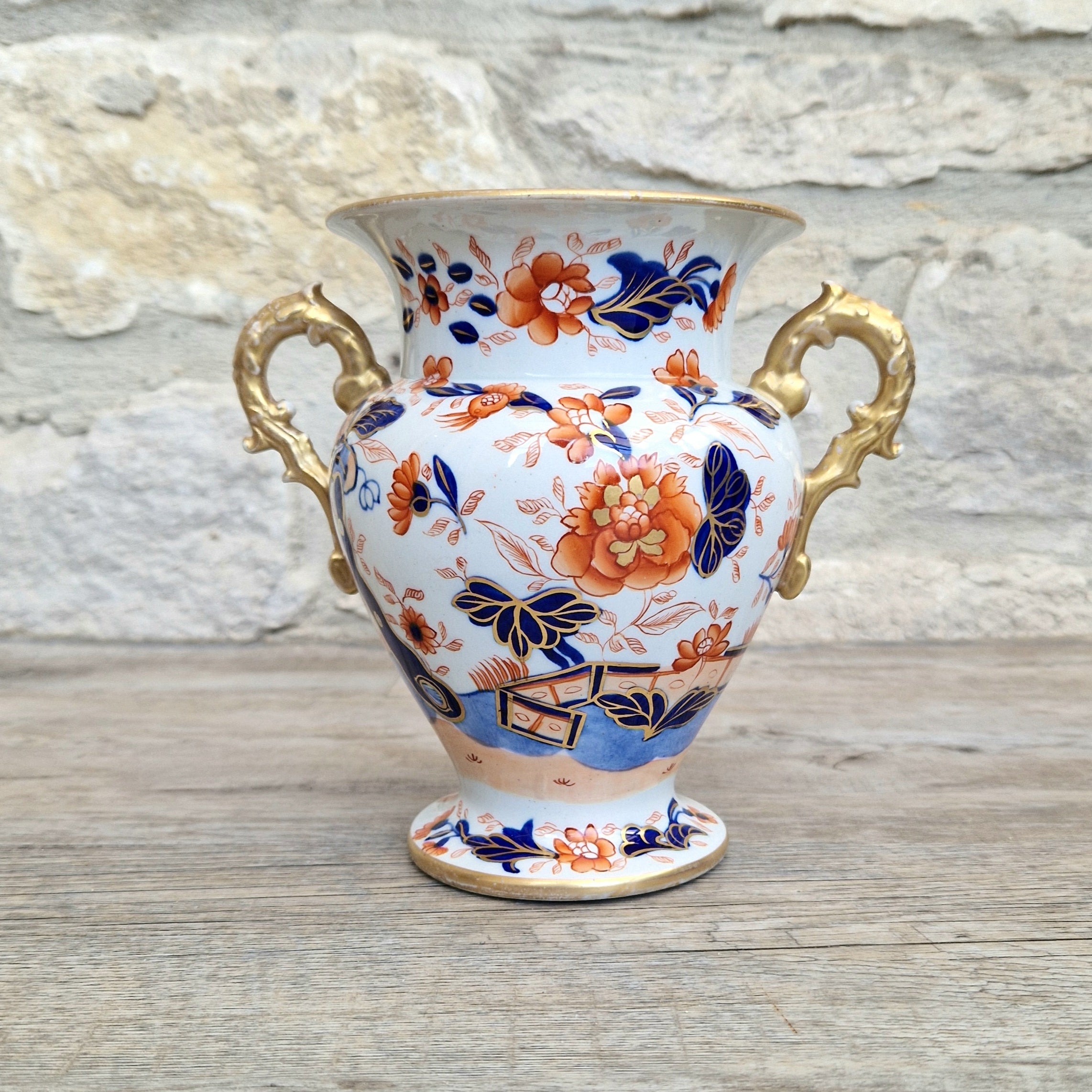 Early Mason's Ironstone China Vase Japan Fence Pattern, Gilt Handles 1820
