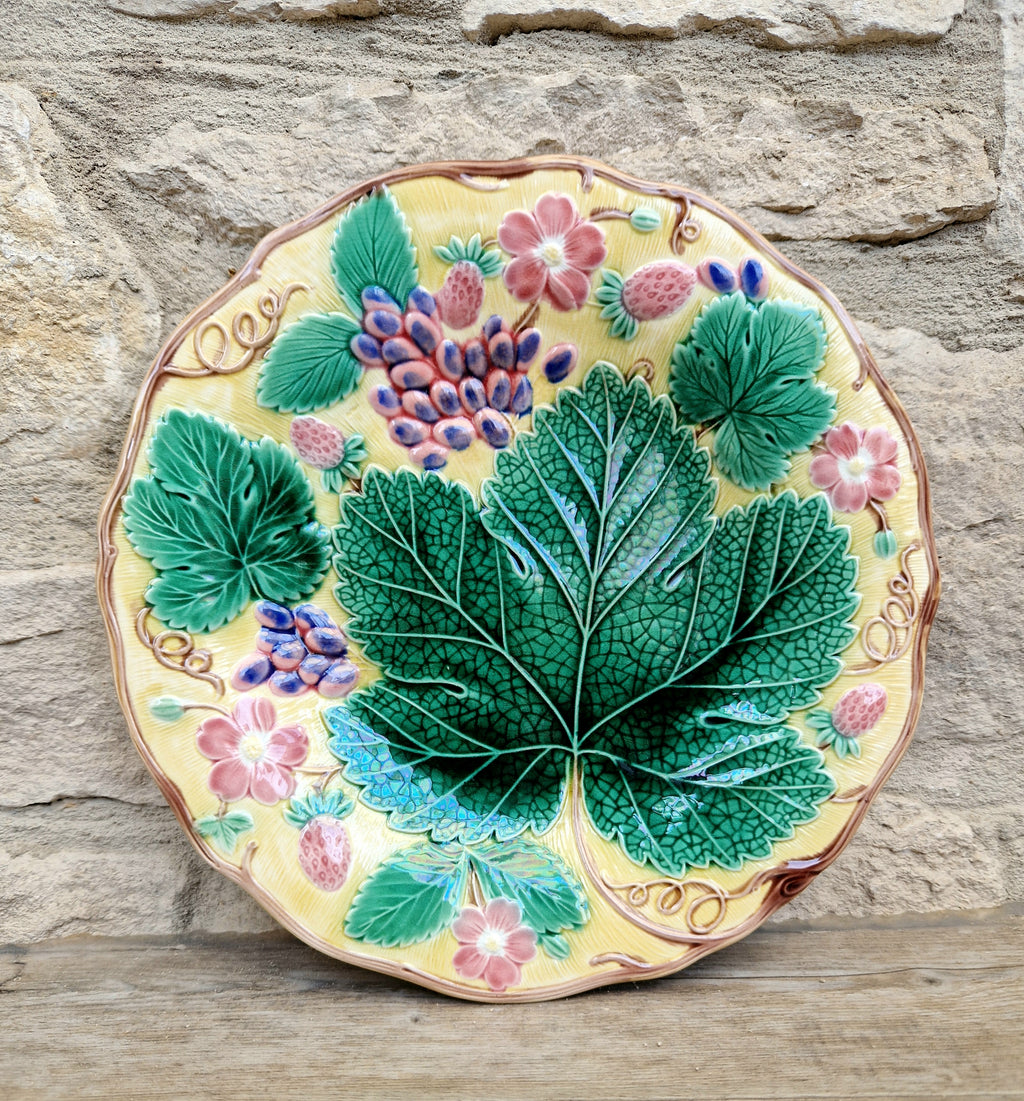 Rare Vintage Wedgwood Majolica Yellow Ground Strawberry Vine Plate 1930s English Pottery Exceptional Condition Grape Leaf & Berries