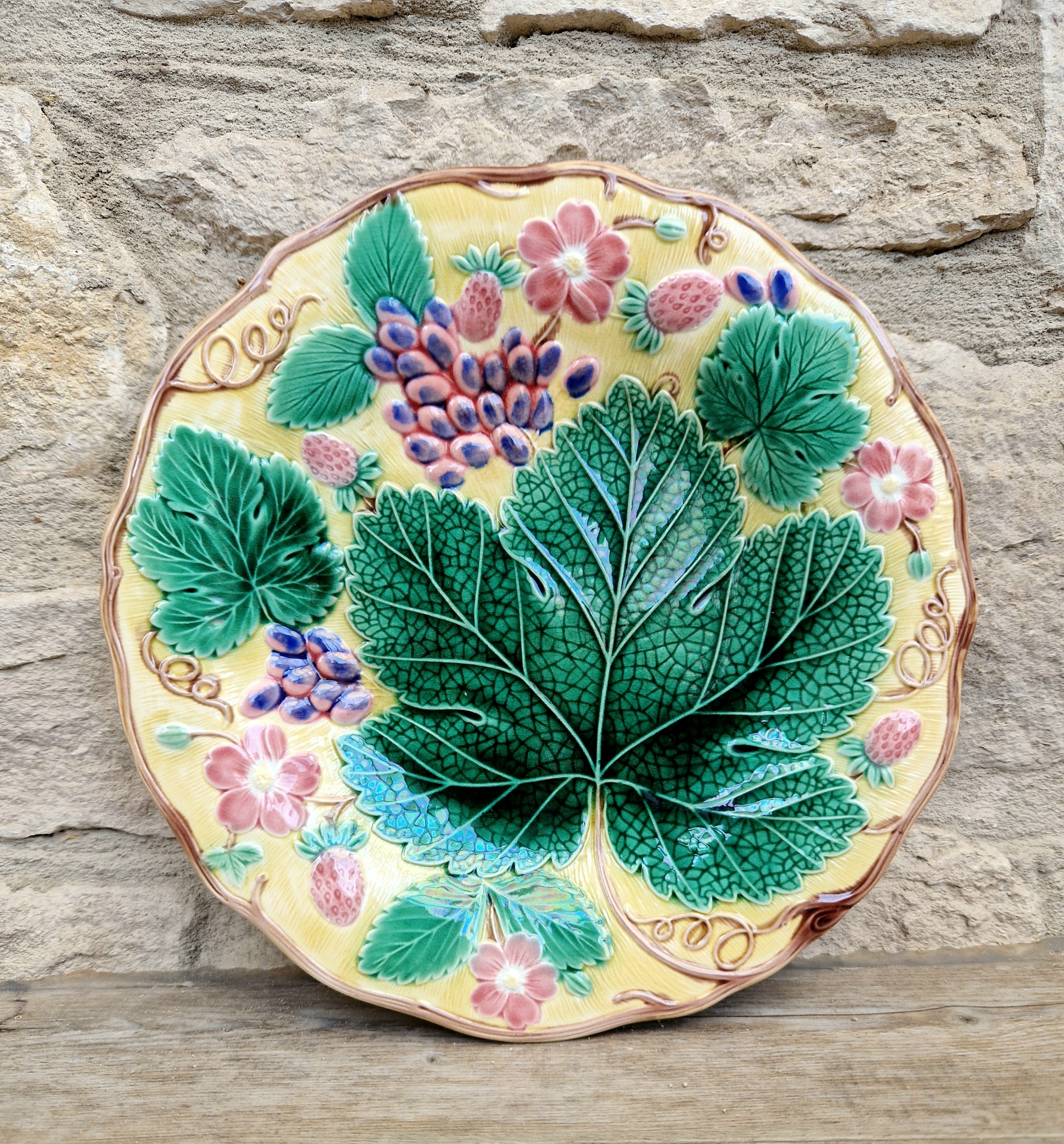 Rare Vintage Wedgwood Majolica Yellow Ground Strawberry Vine Plate 1930s English Pottery Exceptional Condition Grape Leaf & Berries