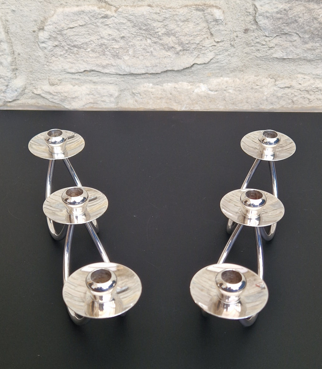 1960's Berg 'Selandia' Danish 3 Branch Minimalist Candelabra Candle Holders x 2