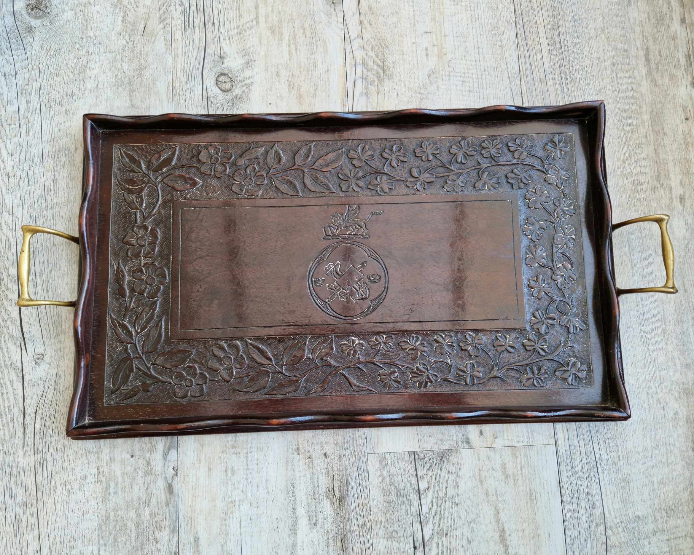 Antique 19th C. Carved Corps Of Commissionaires Presentation Brass Handled Serving Tray