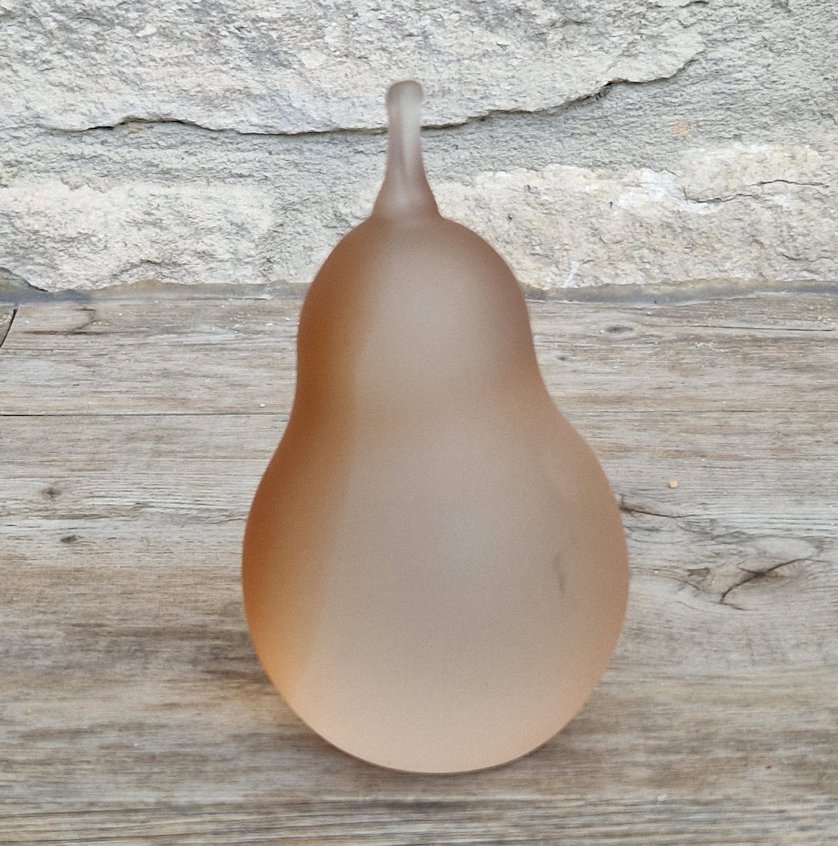 Vintage 10.5cm Frosted Peach Art Glass Pear Paperweight Mid Century Modern Satin Fruit Decor