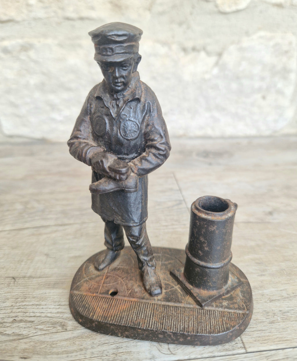 Rare Antique E.G. Zimmermann Hanau Cast Iron Shoeshine Boy Figural Table Match Holder & Striker