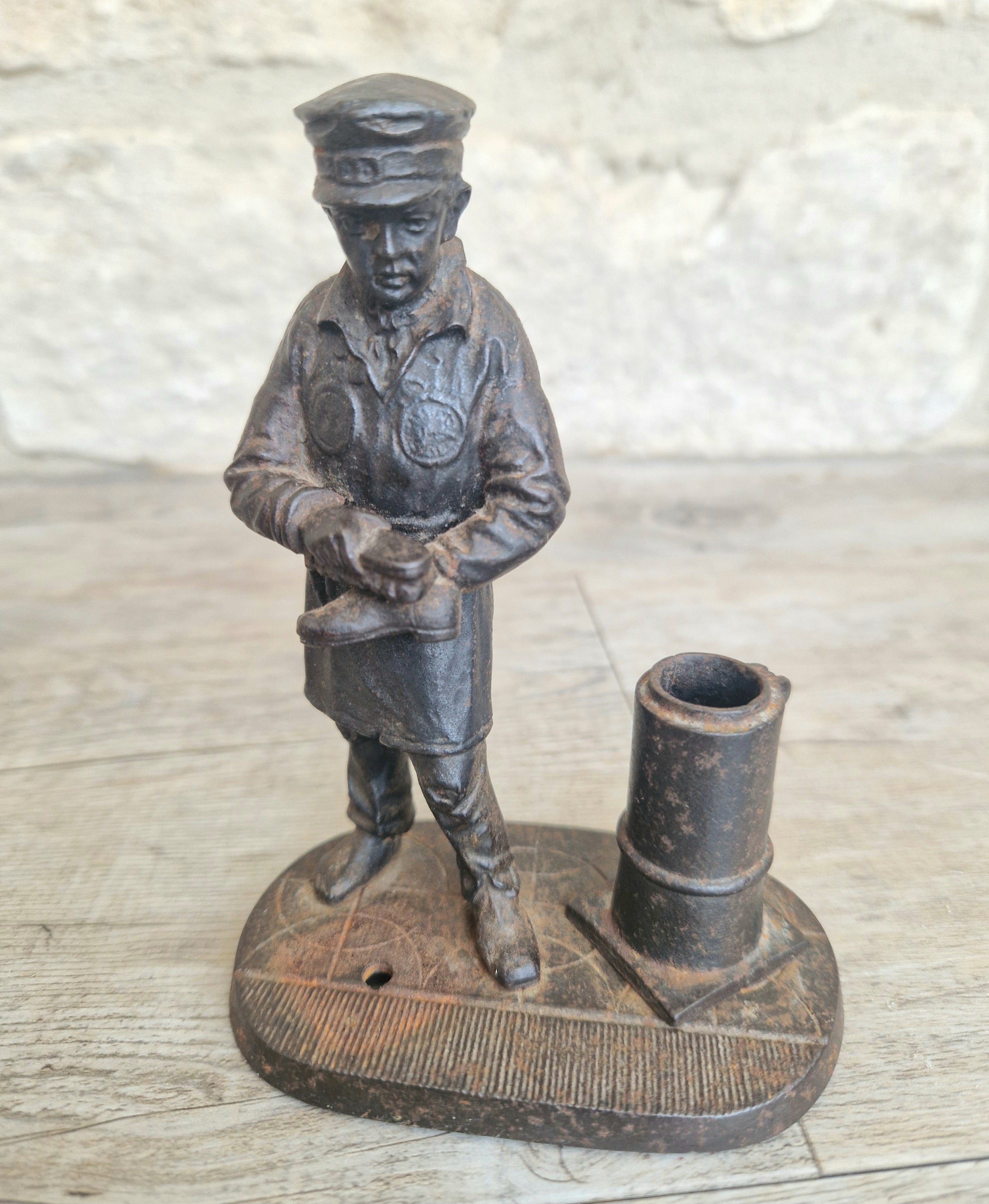 Rare Antique E.G. Zimmermann Hanau Cast Iron Shoeshine Boy Figural Table Match Holder & Striker