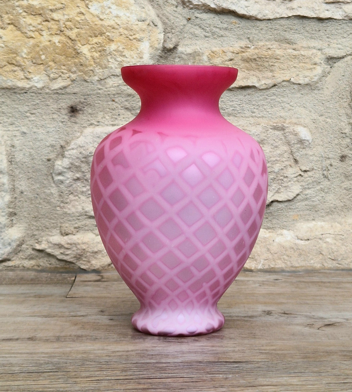 Antique Pink Satin Glass Vase - Victorian Diamond Quilted Mother of Pearl Art Glass - 19th Century Shaded Cranberry Cabinet Vase, Webb Style