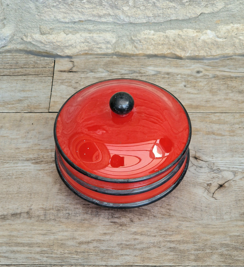 Art Deco Bohemian Red Black Hooped Glass Powder Box Covered Vanity Jar Jar Lid 12cm
